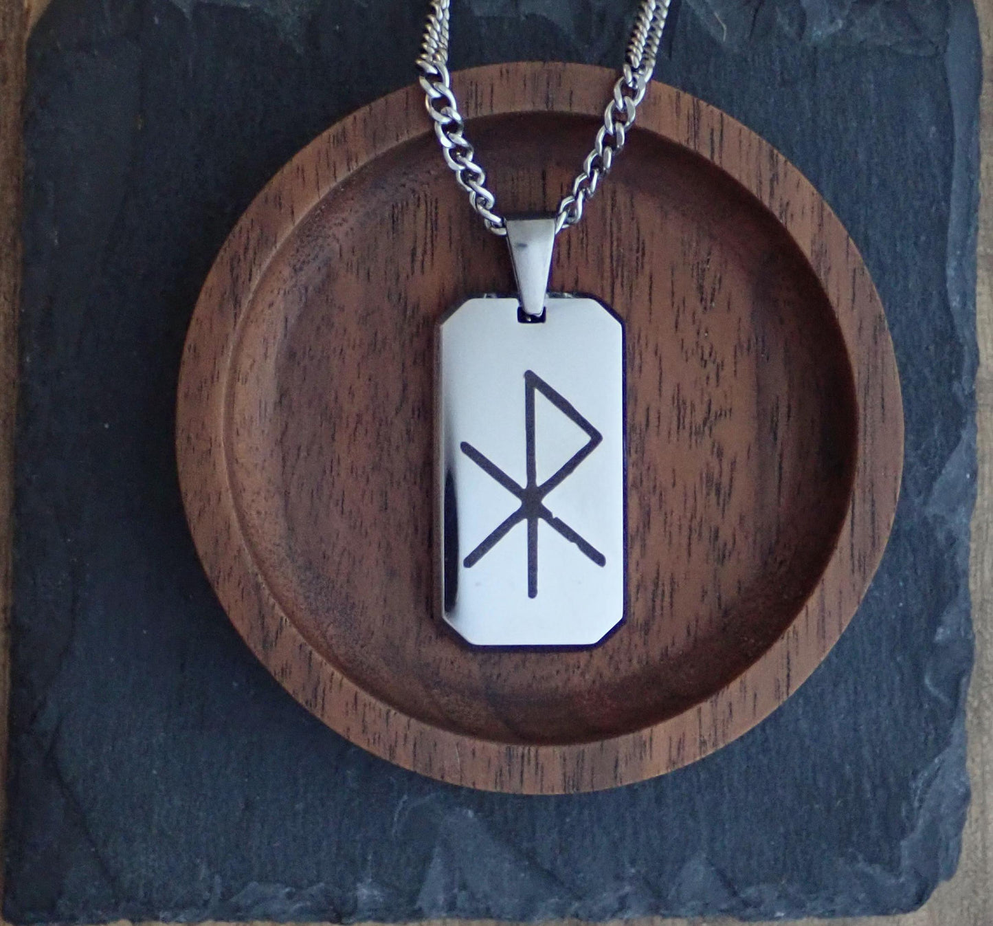 Men’s Stainless Steel Dog Tag Necklace – Gebo Wunjo Love Rune Engraved Pendant with Cuban Chain – Viking Gift of Love Jewelry