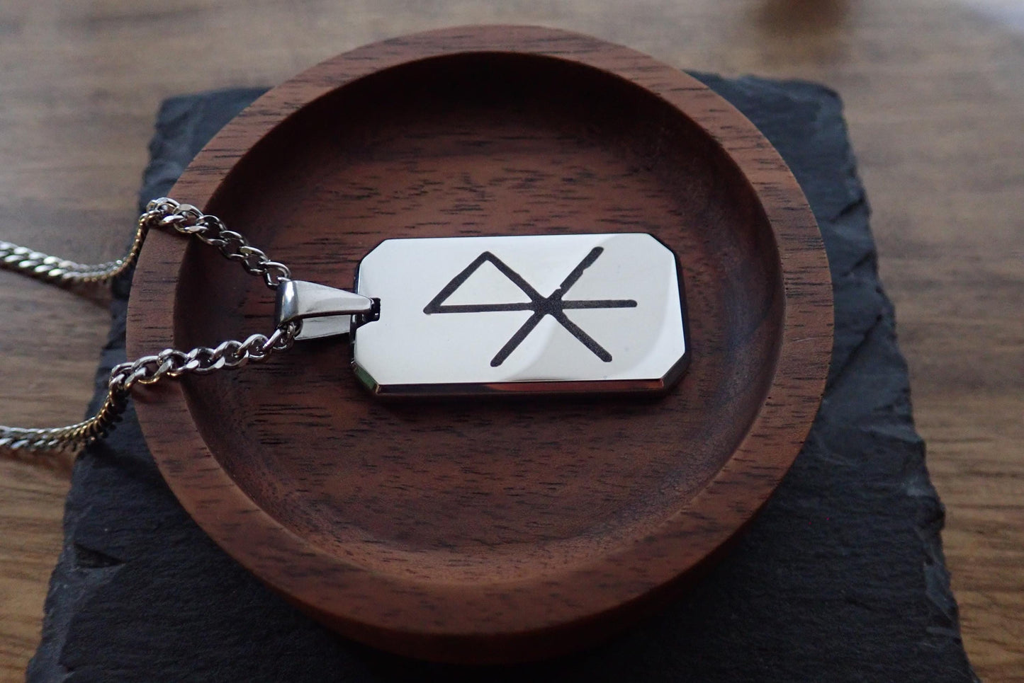 Men’s Stainless Steel Dog Tag Necklace – Gebo Wunjo Love Rune Engraved Pendant with Cuban Chain – Viking Gift of Love Jewelry