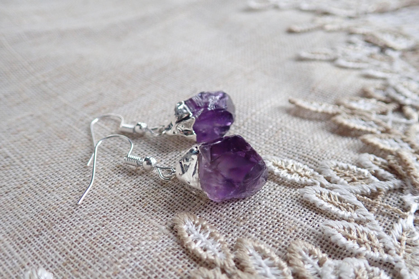 Raw Amethyst Crystal Drop Earrings – Electroplated in 14k Gold or Silver | Unique Brazilian Amethyst