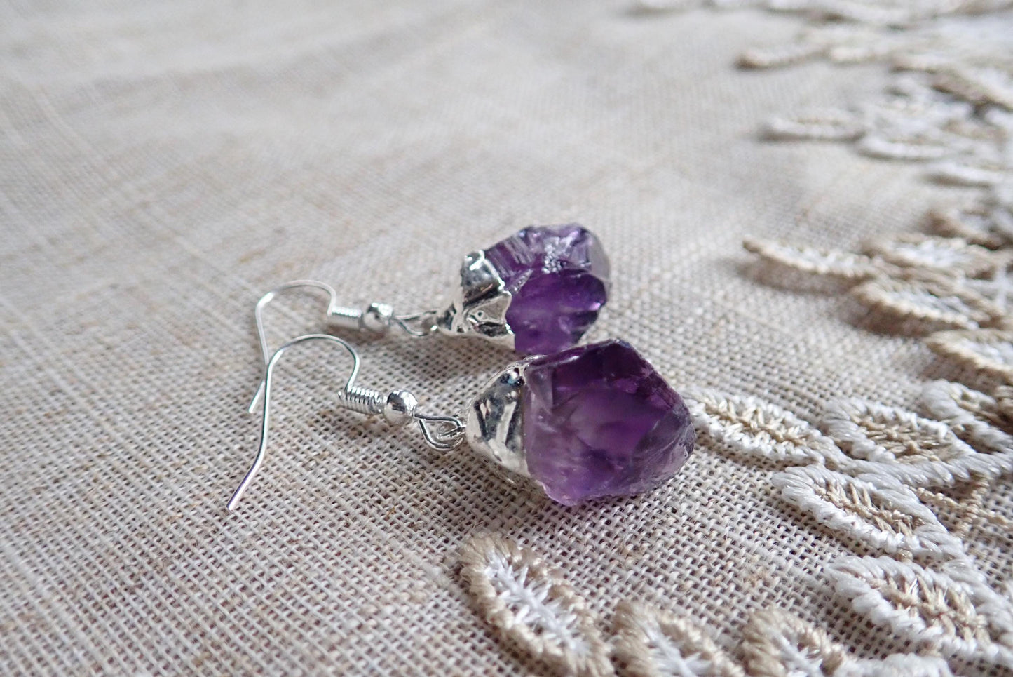 Raw Amethyst Crystal Drop Earrings – Electroplated in 14k Gold or Silver | Unique Brazilian Amethyst