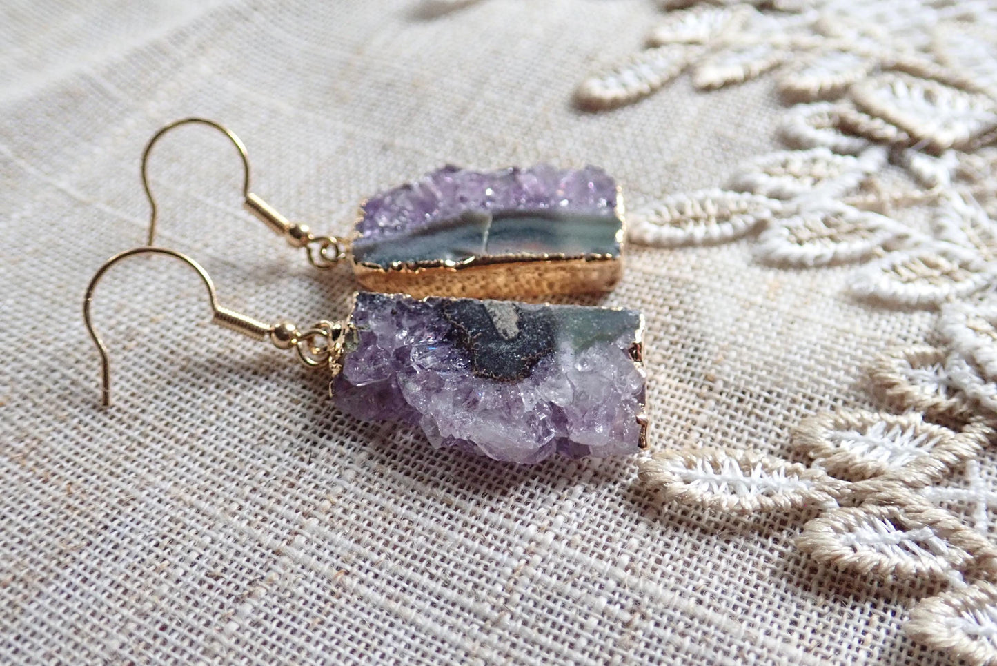 Raw Amethyst Druzy Slice Dangle Earrings | 14K Gold Edged | Natural Crystal Jewelry