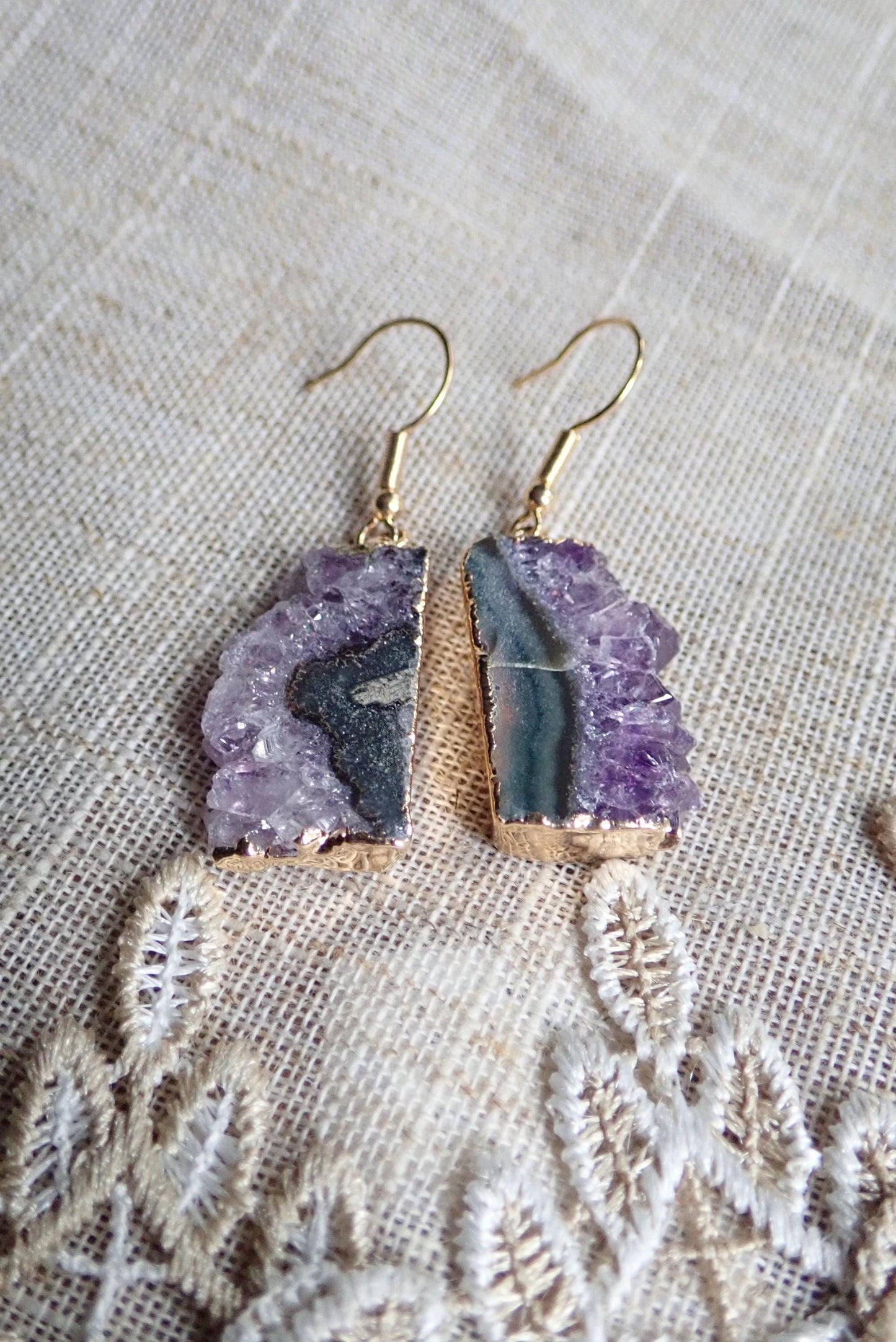 Raw Amethyst Druzy Slice Dangle Earrings | 14K Gold Edged | Natural Crystal Jewelry