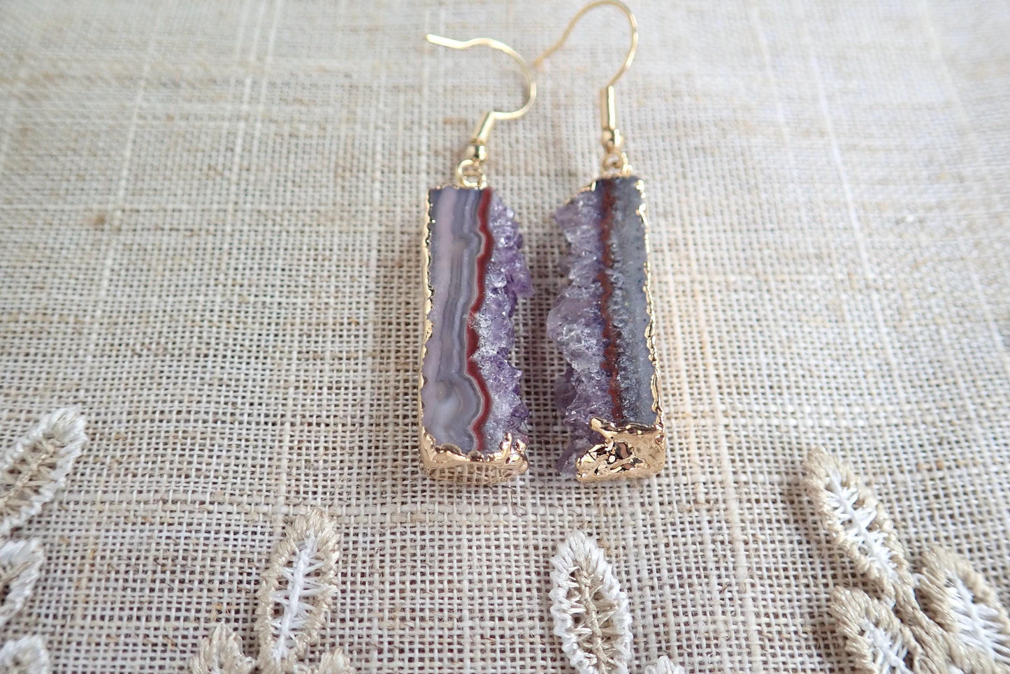 Raw Amethyst Druzy Slice Dangle Earrings | 14K Gold Edged | Natural Crystal Jewelry