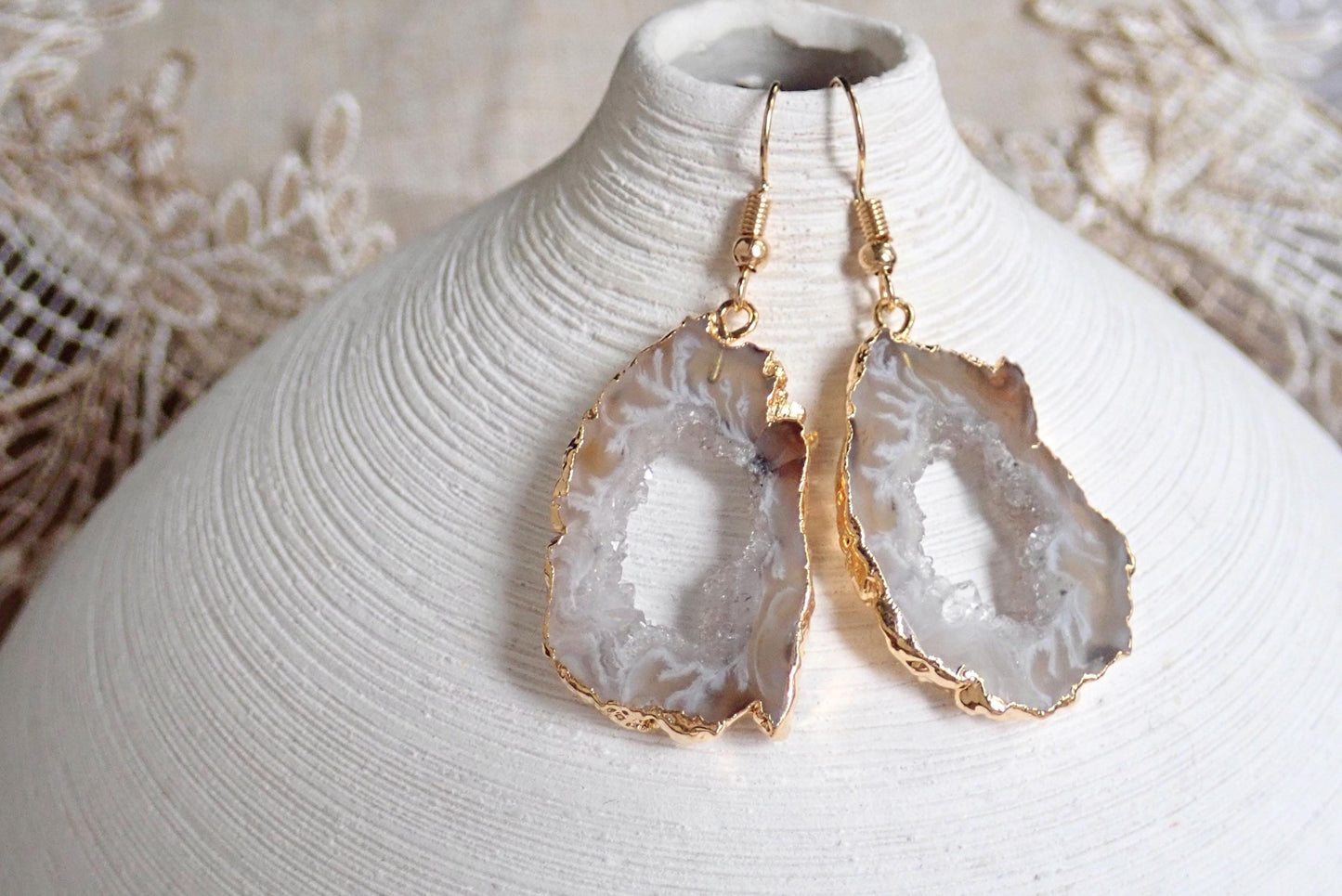 14k Gold Edged Druzy Agate Slice Earrings – 14k Gold - Natural Crystal Clusters in Earthy Neutrals