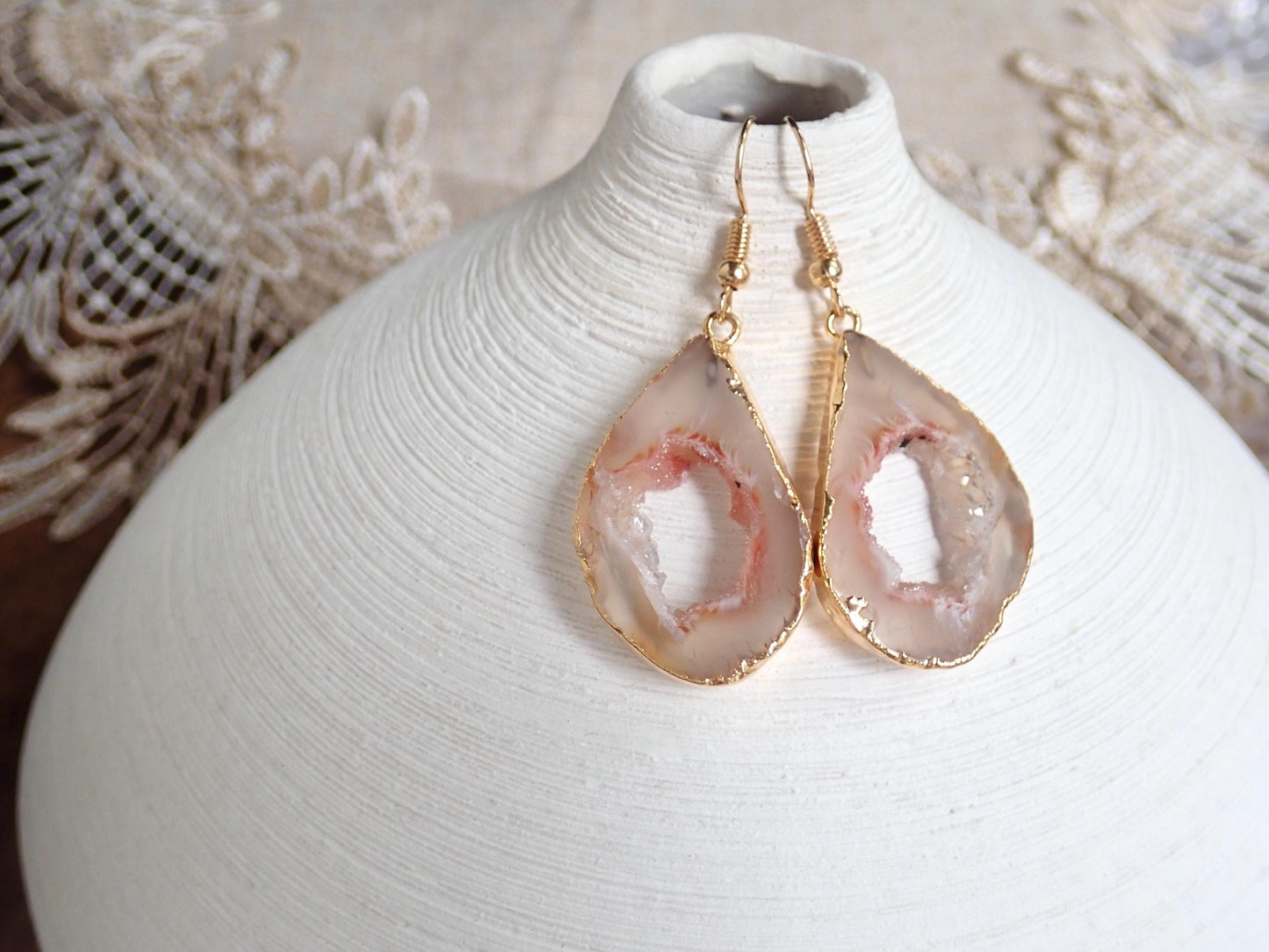 14k Gold Edged Druzy Agate Slice Earrings – 14k Gold - Natural Crystal Clusters in Earthy Neutrals
