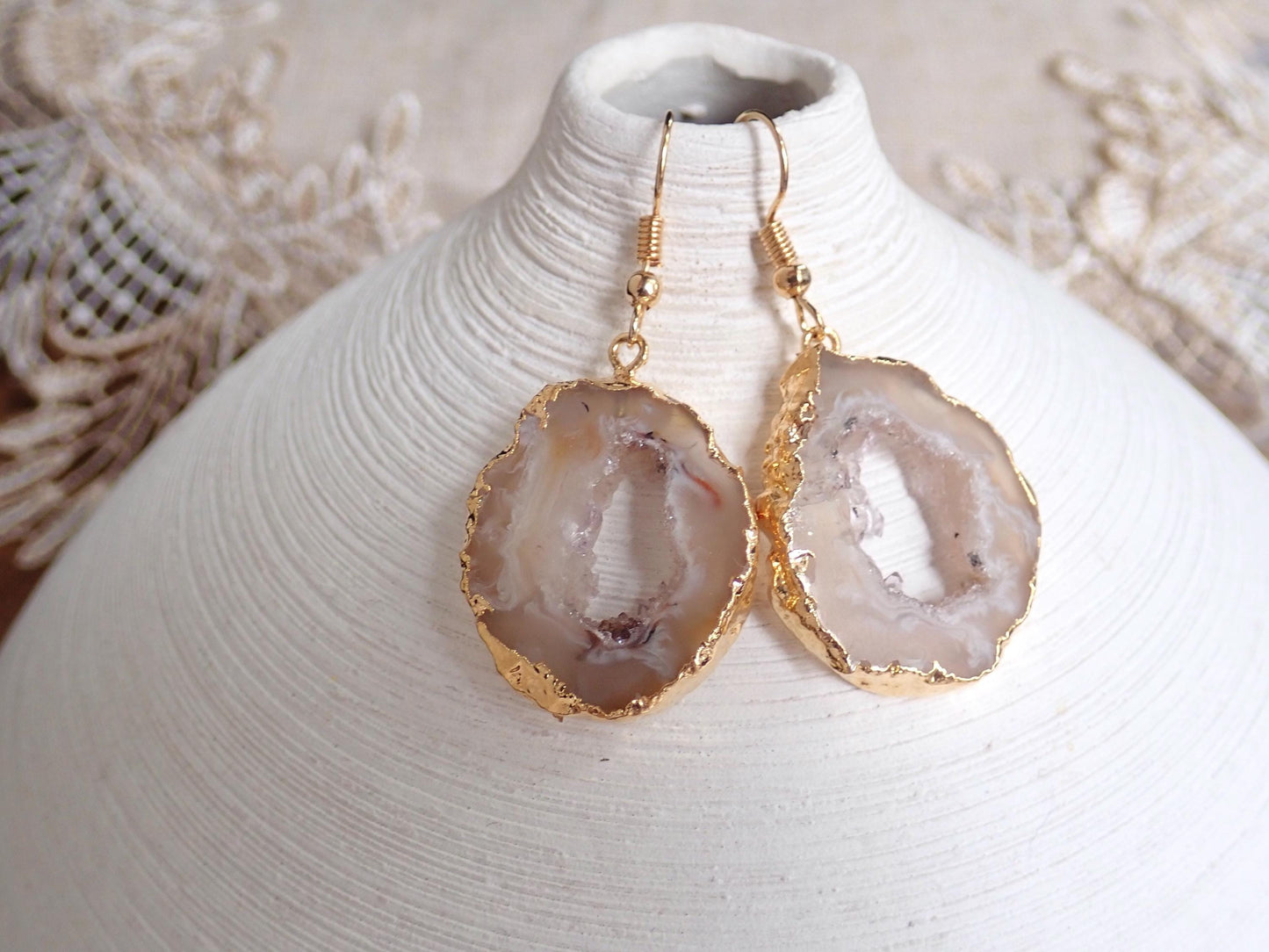 14k Gold Edged Druzy Agate Slice Earrings – 14k Gold - Natural Crystal Clusters in Earthy Neutrals