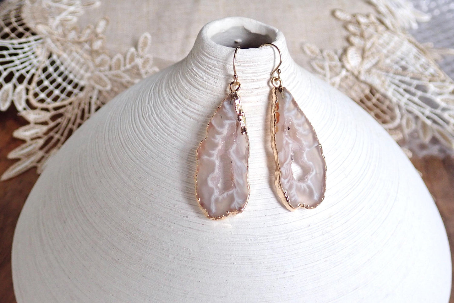 14k Gold Edged Druzy Agate Slice Earrings – 14k Gold - Natural Crystal Clusters in Earthy Neutrals