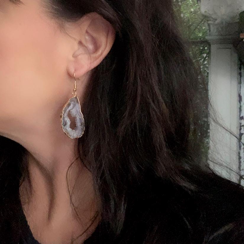 Natural Geode Slice Dangle Earrings – Swirled Druzy Centers Edged in 14k Gold, Statement Crystal Jewelry