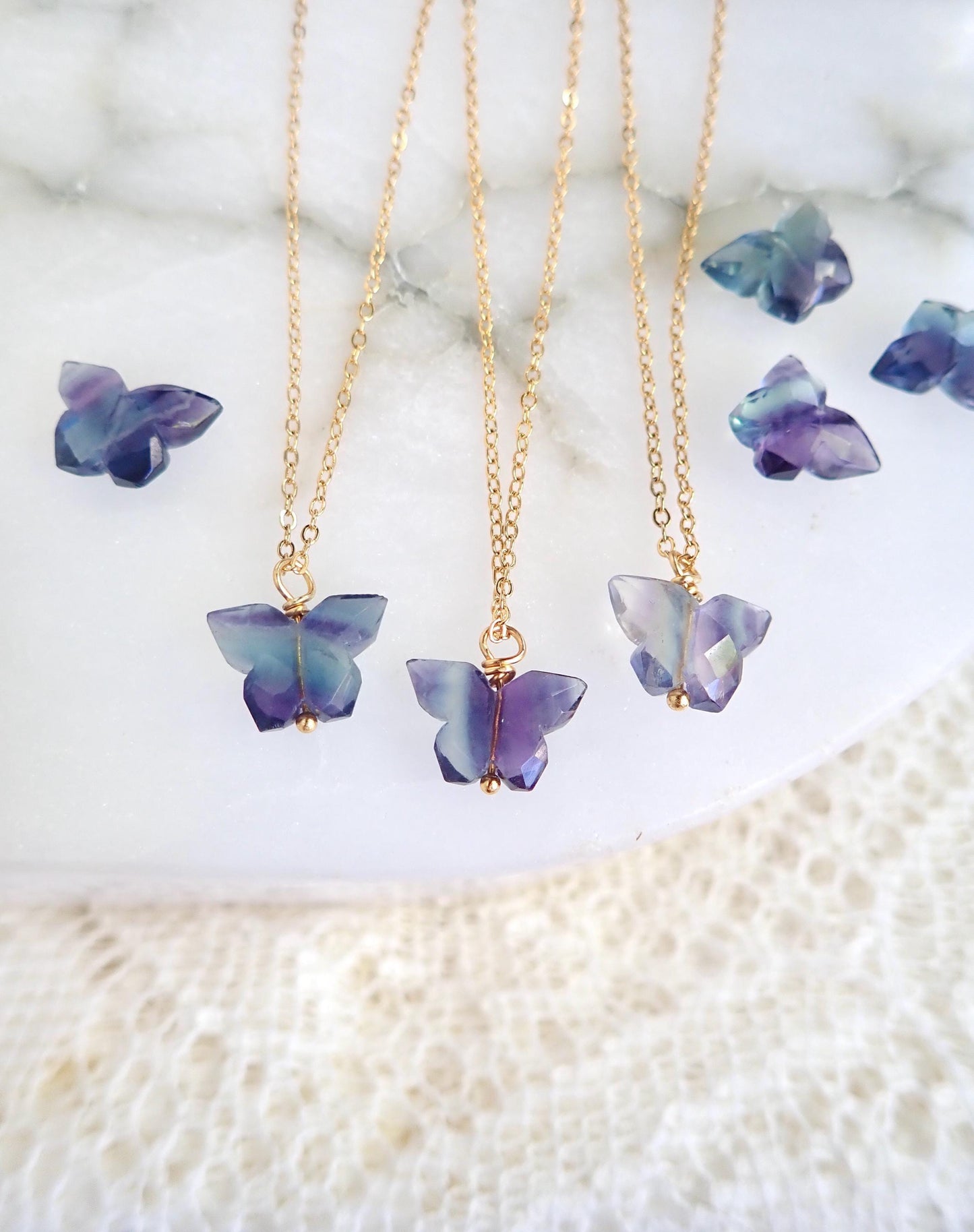 Rainbow Fluorite Butterfly Necklace – Gold Fill Chain with Delicate Gemstone Pendant, Natural Crystal Jewelry