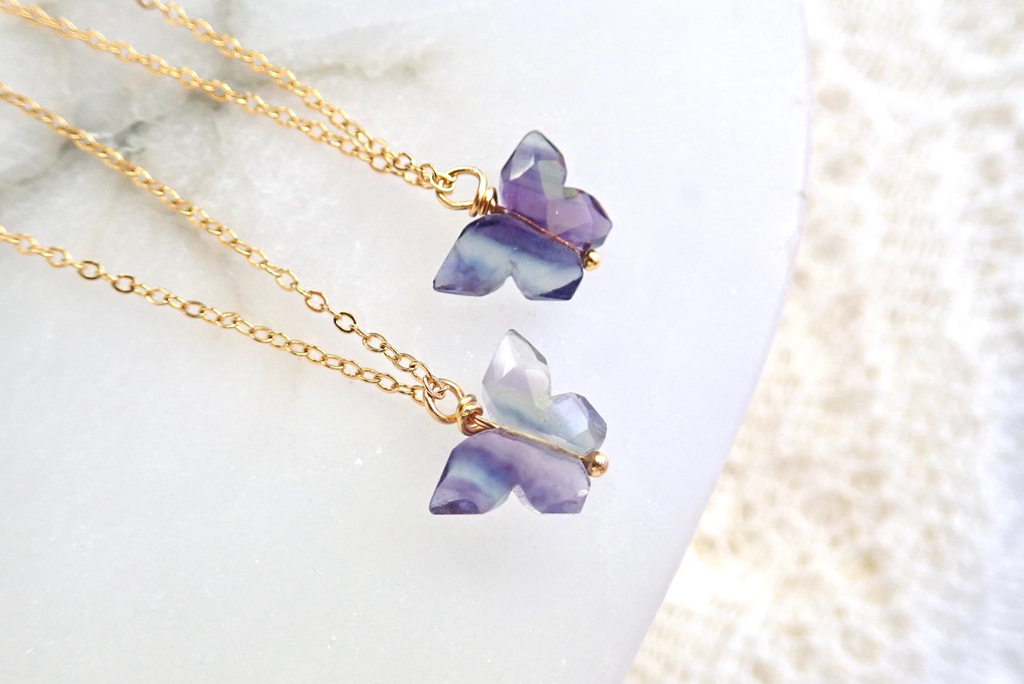 Rainbow Fluorite Butterfly Necklace – Gold Fill Chain with Delicate Gemstone Pendant, Natural Crystal Jewelry