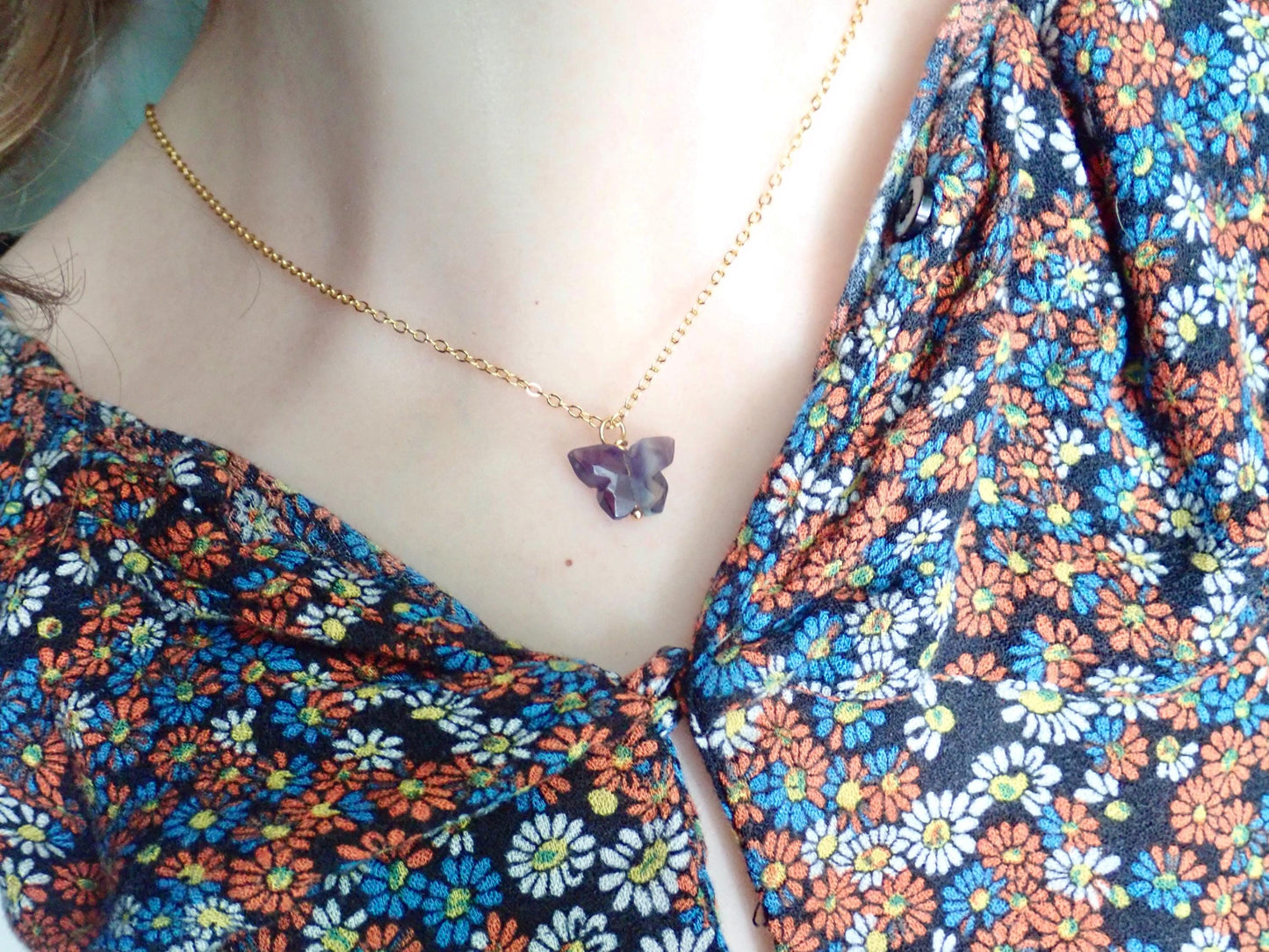 Rainbow Fluorite Butterfly Necklace – Gold Fill Chain with Delicate Gemstone Pendant, Natural Crystal Jewelry