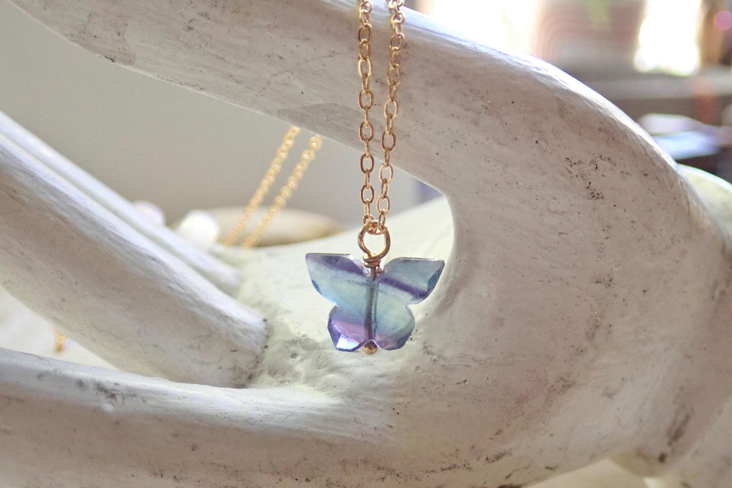 Rainbow Fluorite Butterfly Necklace – Gold Fill Chain with Delicate Gemstone Pendant, Natural Crystal Jewelry