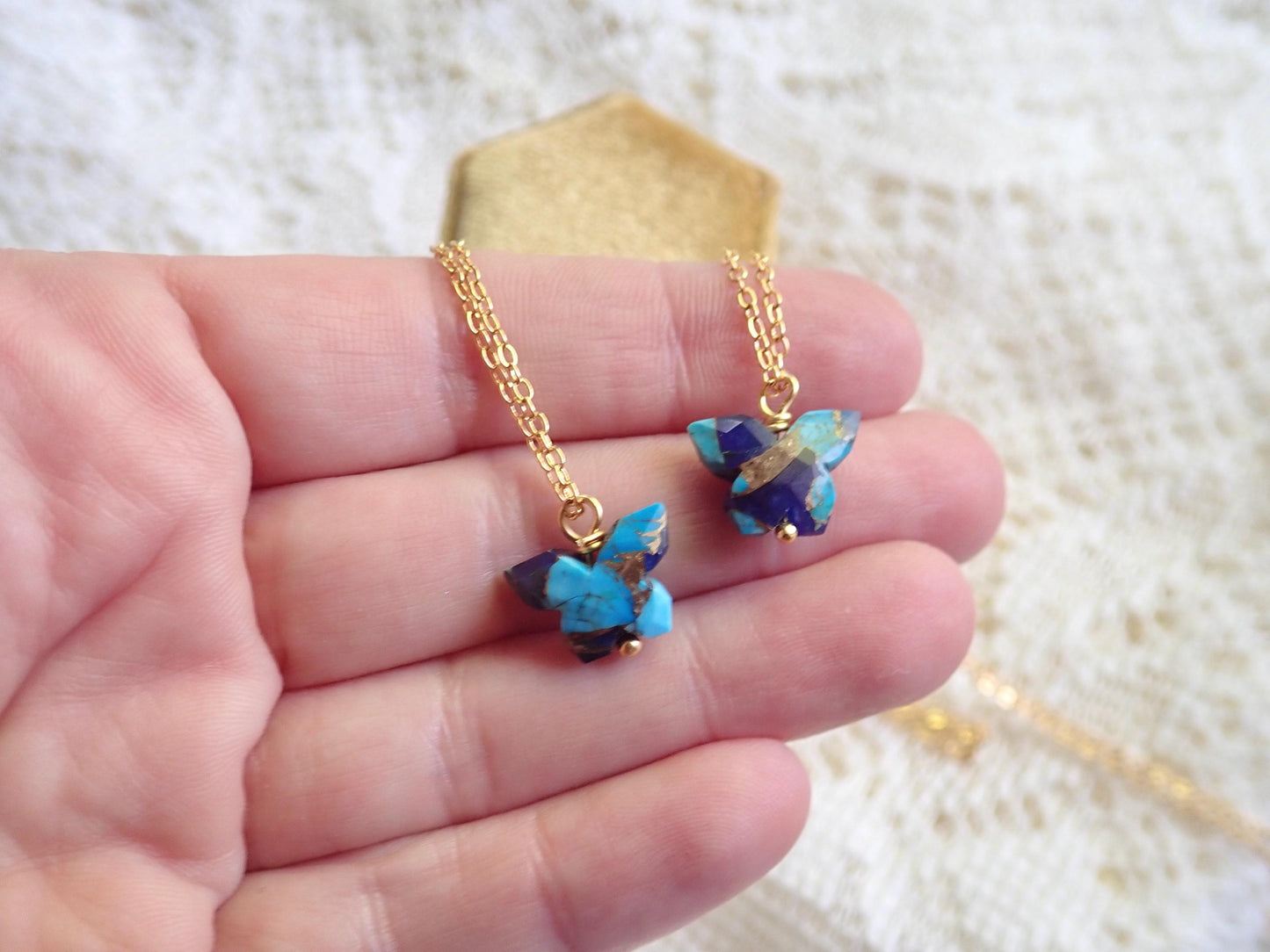 Dainty Butterfly Necklace – 18k Gold Fill with Carved Mojave Turquoise & Lapis Lazuli Pendant, Nature-Inspired Jewelry