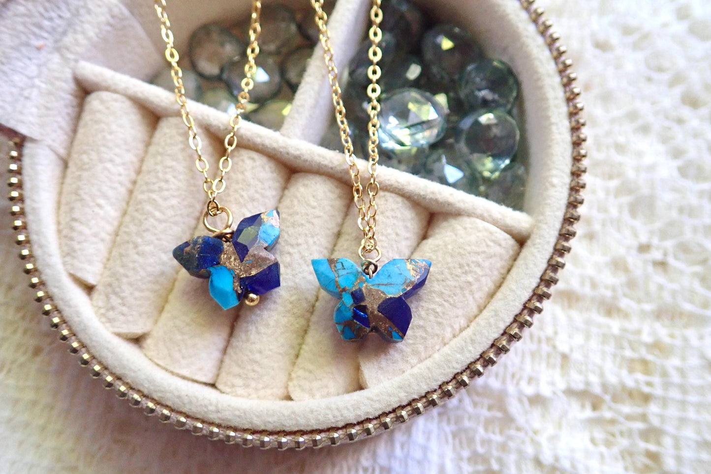Dainty Butterfly Necklace – 18k Gold Fill with Carved Mojave Turquoise & Lapis Lazuli Pendant, Nature-Inspired Jewelry