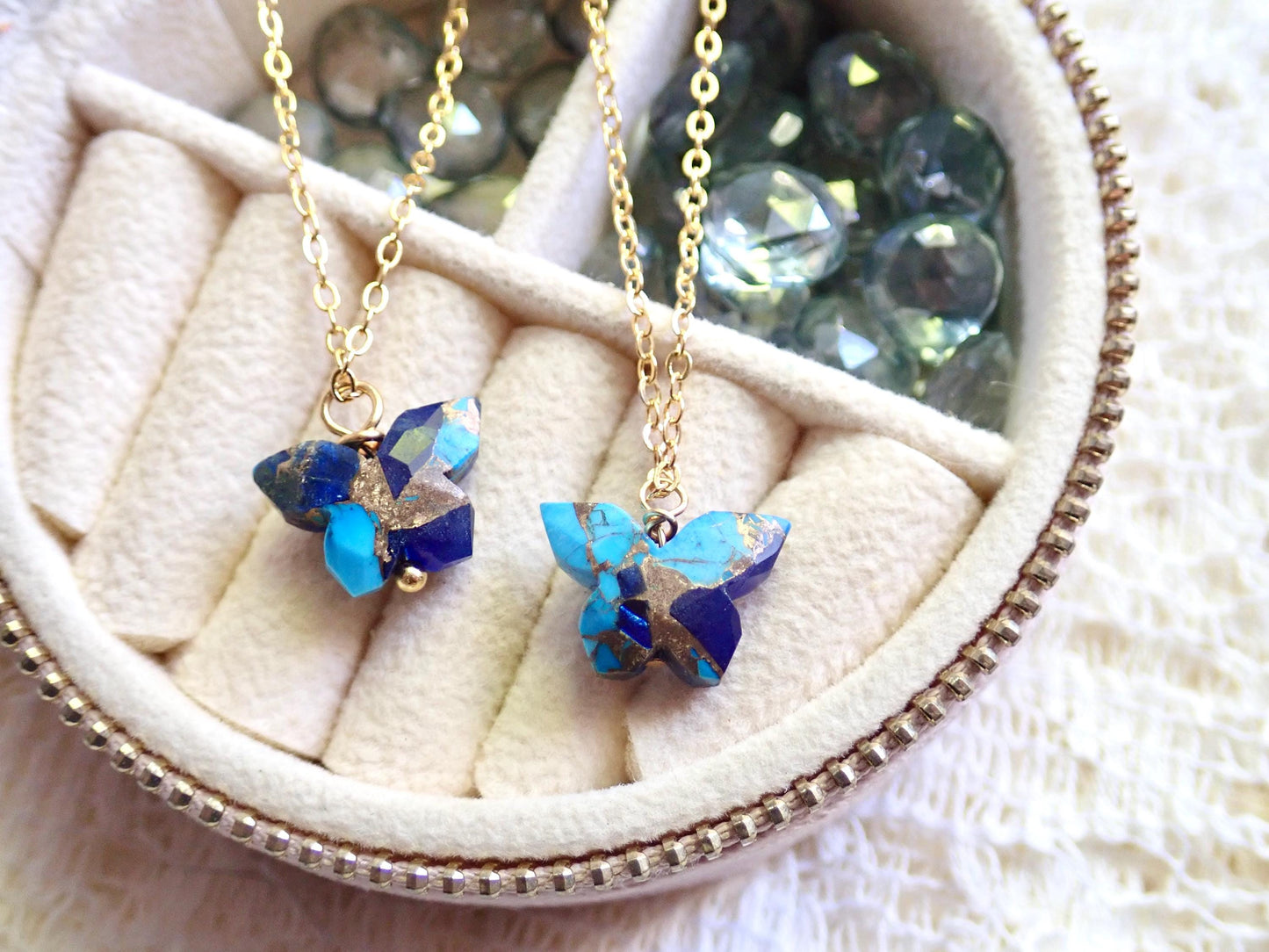 Dainty Butterfly Necklace – 18k Gold Fill with Carved Mojave Turquoise & Lapis Lazuli Pendant, Nature-Inspired Jewelry