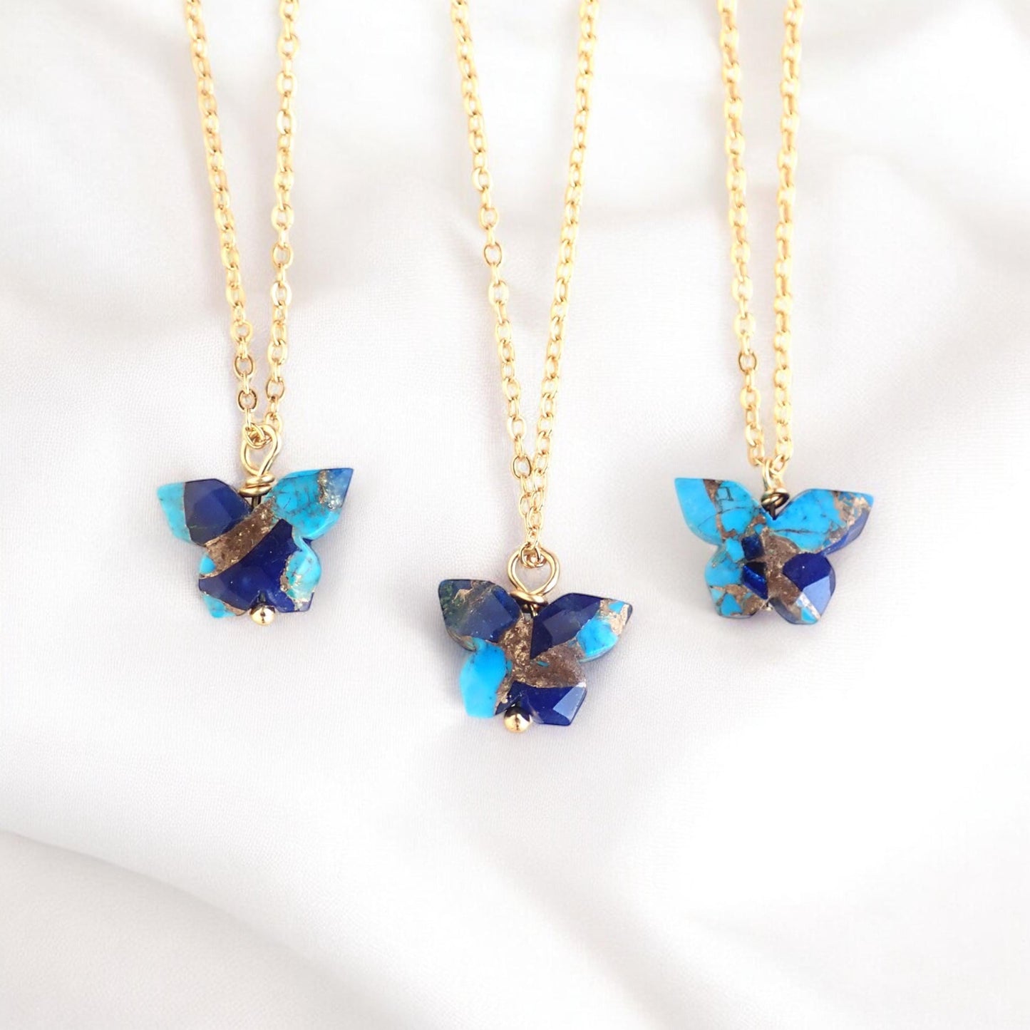 Dainty Butterfly Necklace – 18k Gold Fill with Carved Mojave Turquoise & Lapis Lazuli Pendant, Nature-Inspired Jewelry
