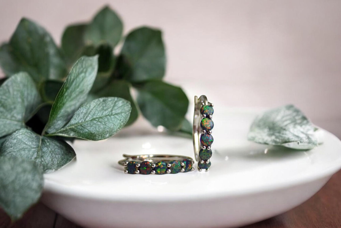 Black Opal Hoop Earrings • Silver Plated Medium Hoops with Prong Set Opals • Dainty Statement Earrings • October Birthstone Gift