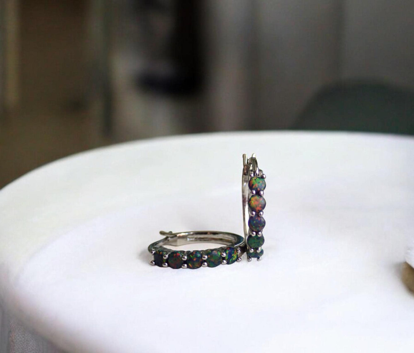 Black Opal Hoop Earrings • Silver Plated Medium Hoops with Prong Set Opals • Dainty Statement Earrings • October Birthstone Gift