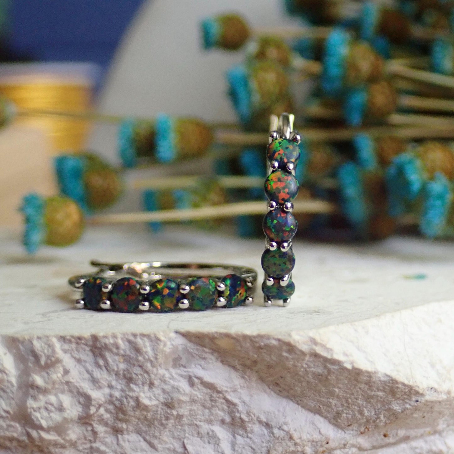 Black Opal Hoop Earrings • Silver Plated Medium Hoops with Prong Set Opals • Dainty Statement Earrings • October Birthstone Gift