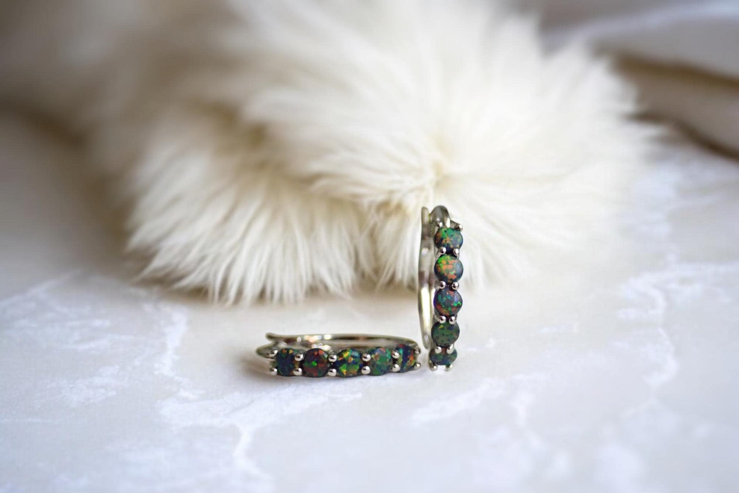 Black Opal Hoop Earrings • Silver Plated Medium Hoops with Prong Set Opals • Dainty Statement Earrings • October Birthstone Gift