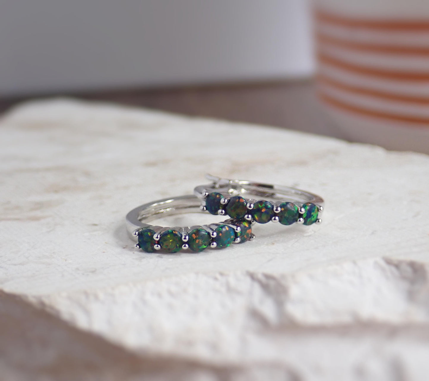 Black Opal Hoop Earrings • Silver Plated Medium Hoops with Prong Set Opals • Dainty Statement Earrings • October Birthstone Gift
