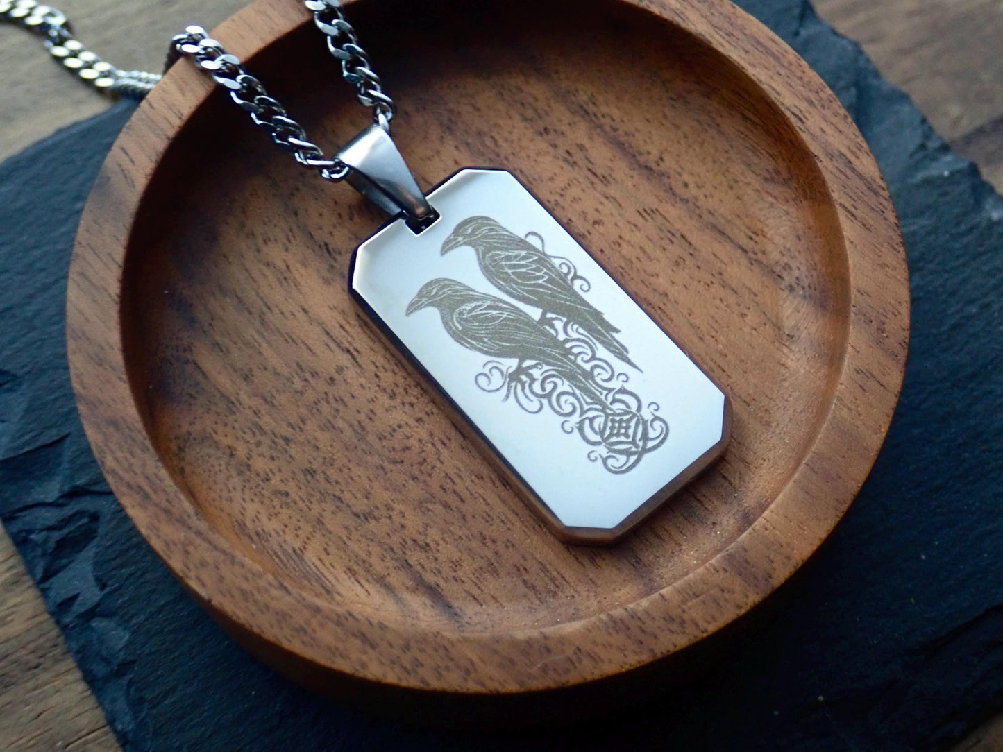 Men’s Stainless Steel Dog Tag Necklace – Odin’s Ravens Engraved Norse Pendant with Cuban Chain – Viking Pagan Nordic Jewelry