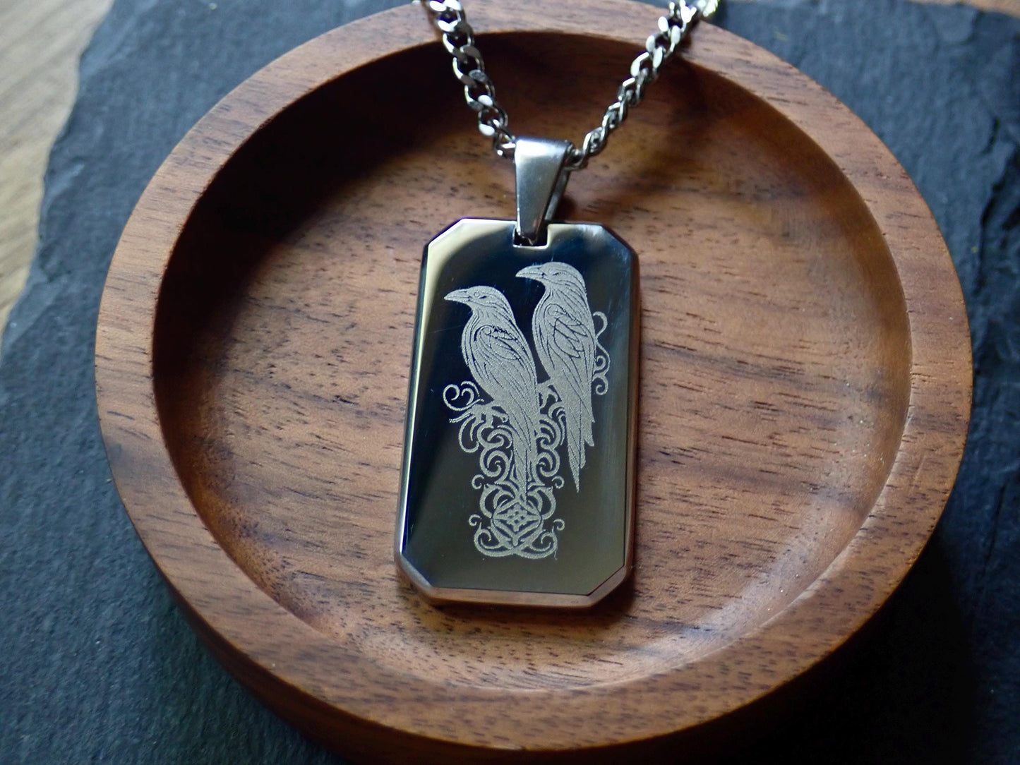 Men’s Stainless Steel Dog Tag Necklace – Odin’s Ravens Engraved Norse Pendant with Cuban Chain – Viking Pagan Nordic Jewelry