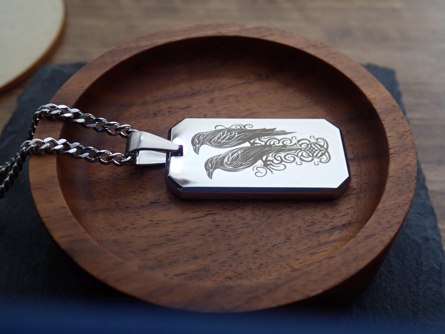 Men’s Stainless Steel Dog Tag Necklace – Odin’s Ravens Engraved Norse Pendant with Cuban Chain – Viking Pagan Nordic Jewelry