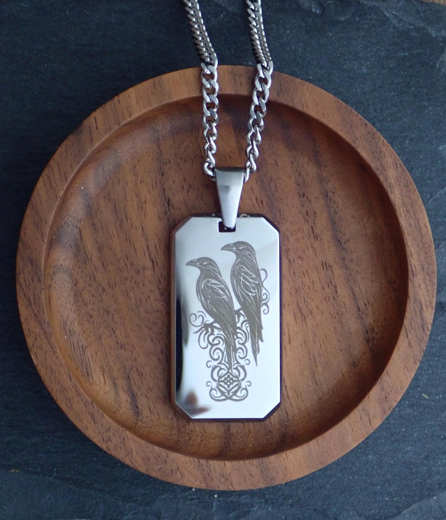 Men’s Stainless Steel Dog Tag Necklace – Odin’s Ravens Engraved Norse Pendant with Cuban Chain – Viking Pagan Nordic Jewelry