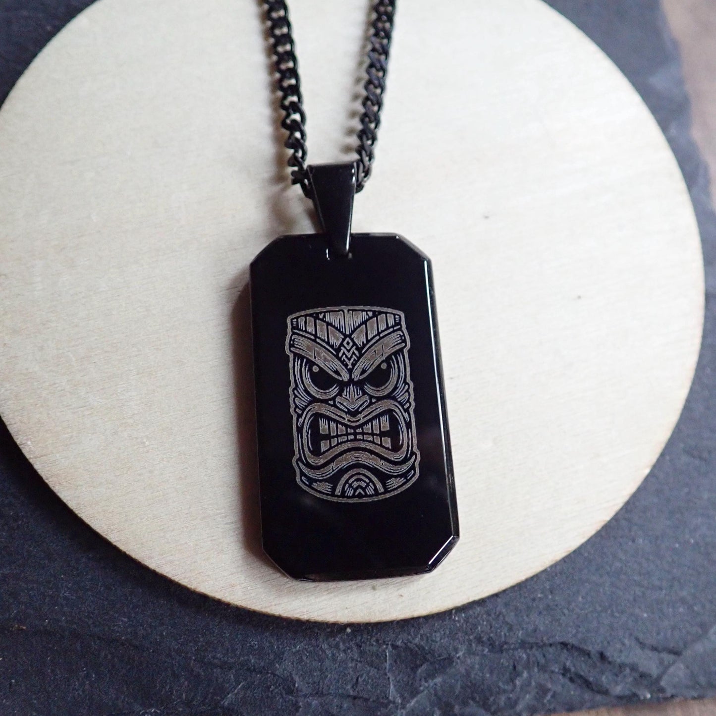 Men's Black Dog Tag Necklace with Tiki Mask Laser Engraving | Surfer & Hawaii-Inspired Black Cuban Chain Pendant