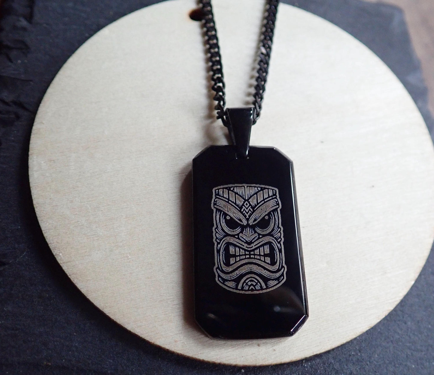 Men's Black Dog Tag Necklace with Tiki Mask Laser Engraving | Surfer & Hawaii-Inspired Black Cuban Chain Pendant