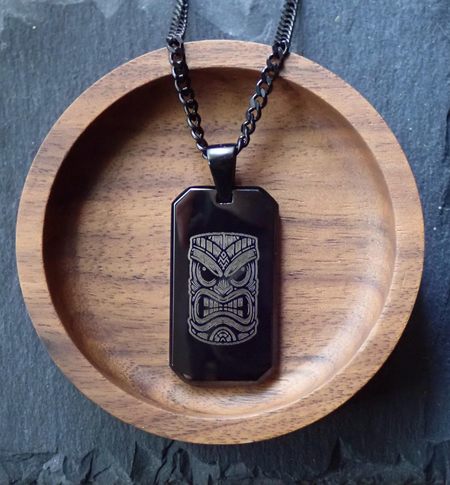 Men's Black Dog Tag Necklace with Tiki Mask Laser Engraving | Surfer & Hawaii-Inspired Black Cuban Chain Pendant