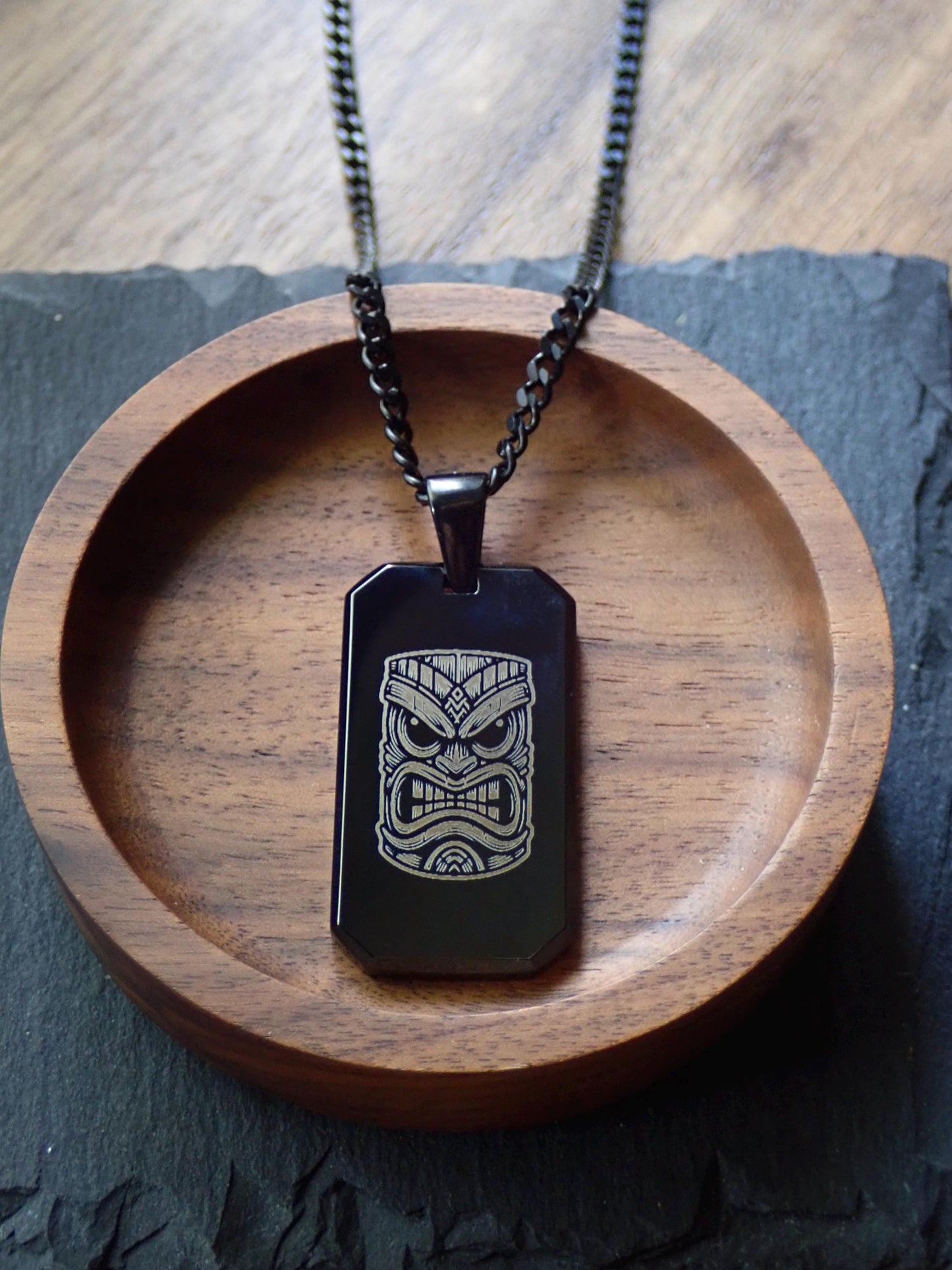 Men's Black Dog Tag Necklace with Tiki Mask Laser Engraving | Surfer & Hawaii-Inspired Black Cuban Chain Pendant