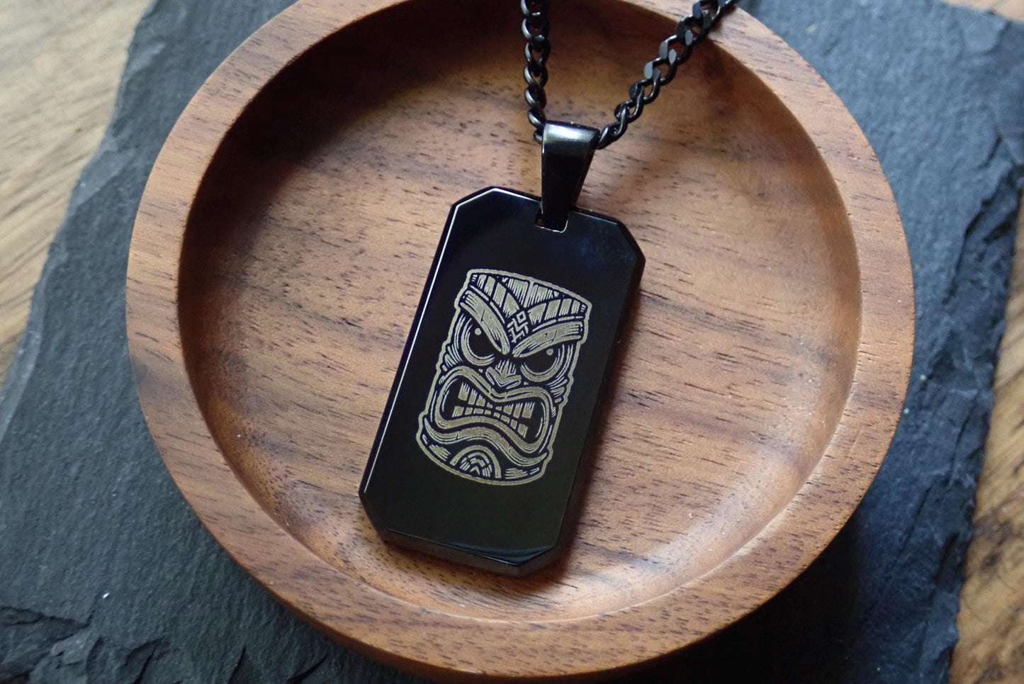 Men's Black Dog Tag Necklace with Tiki Mask Laser Engraving | Surfer & Hawaii-Inspired Black Cuban Chain Pendant