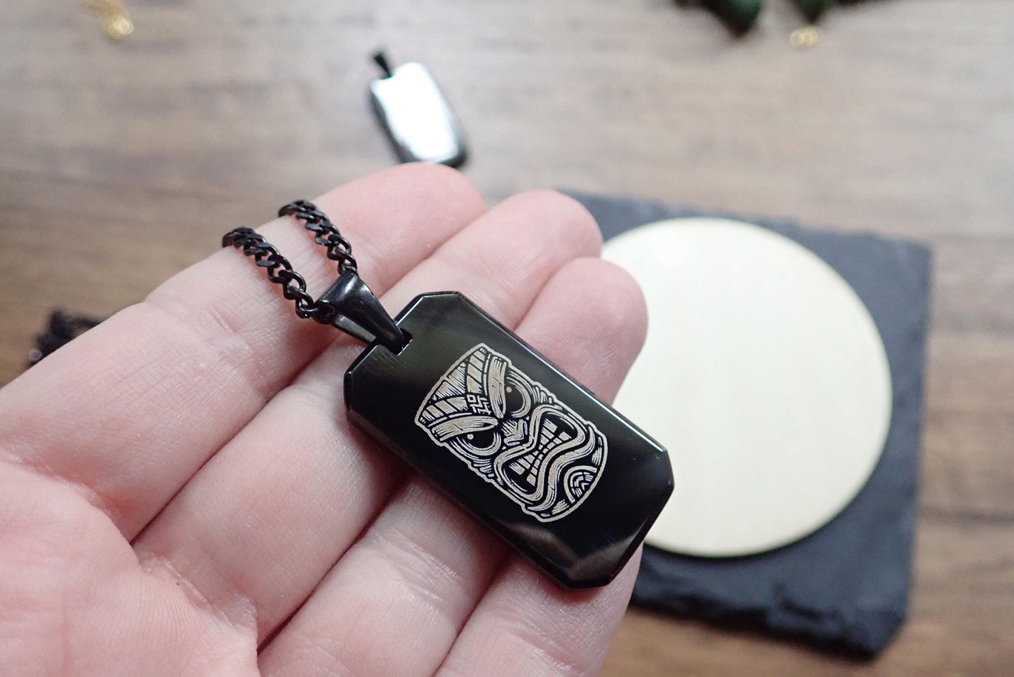Men's Black Dog Tag Necklace with Tiki Mask Laser Engraving | Surfer & Hawaii-Inspired Black Cuban Chain Pendant