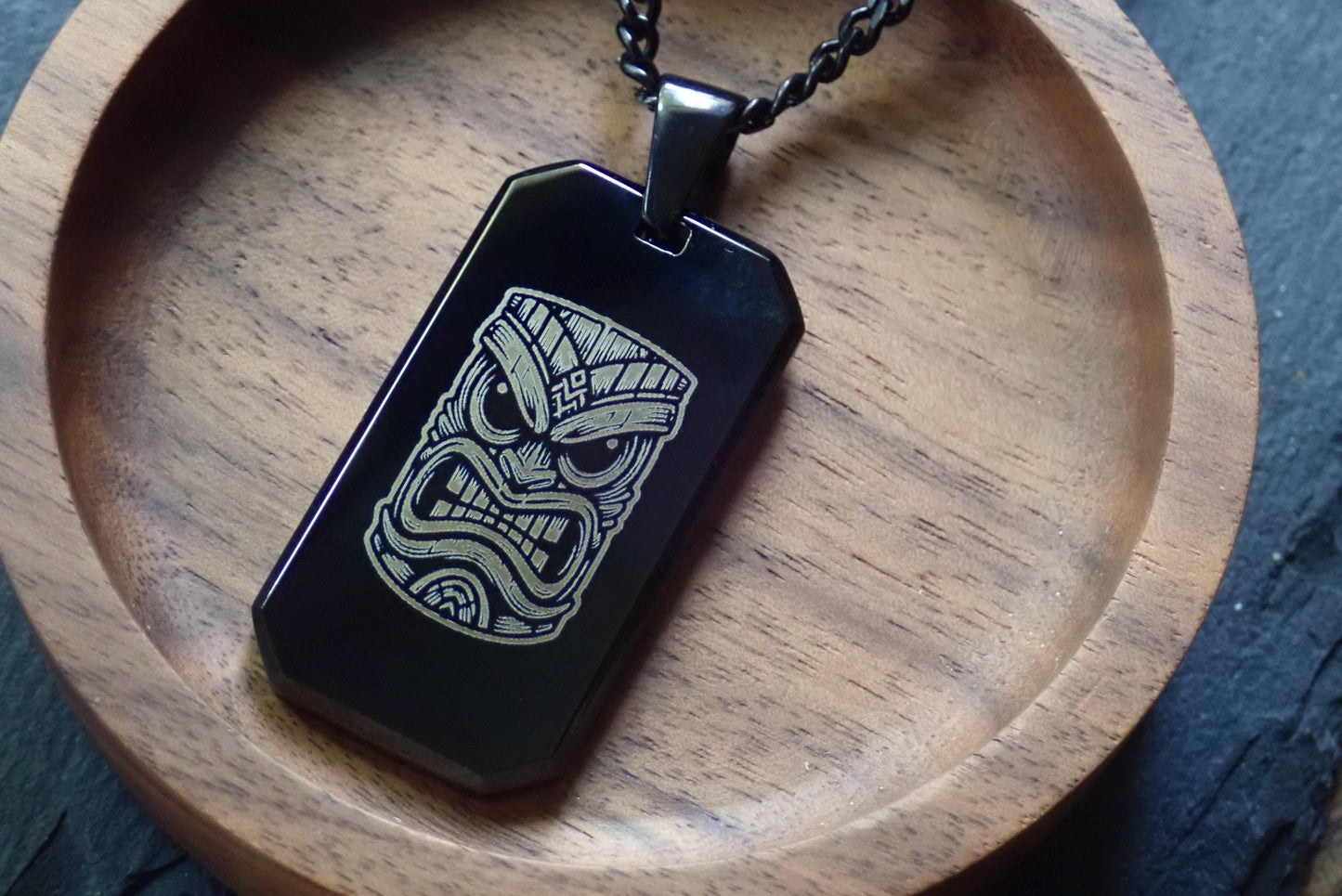 Men's Black Dog Tag Necklace with Tiki Mask Laser Engraving | Surfer & Hawaii-Inspired Black Cuban Chain Pendant
