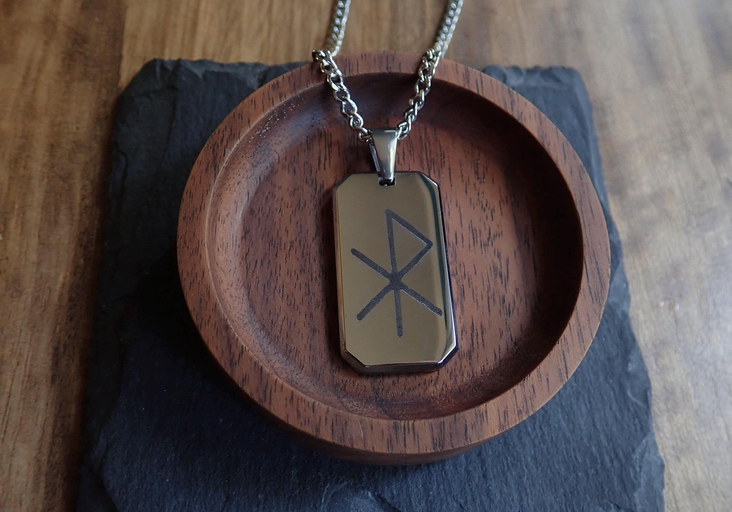 Men’s Stainless Steel Dog Tag Necklace – Gebo Wunjo Love Rune Engraved Pendant with Cuban Chain – Viking Gift of Love Jewelry