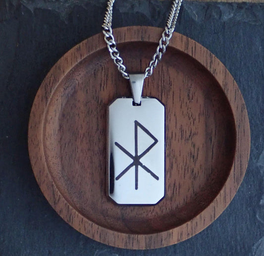 Men’s Stainless Steel Dog Tag Necklace – Gebo Wunjo Love Rune Engraved Pendant with Cuban Chain – Viking Gift of Love Jewelry