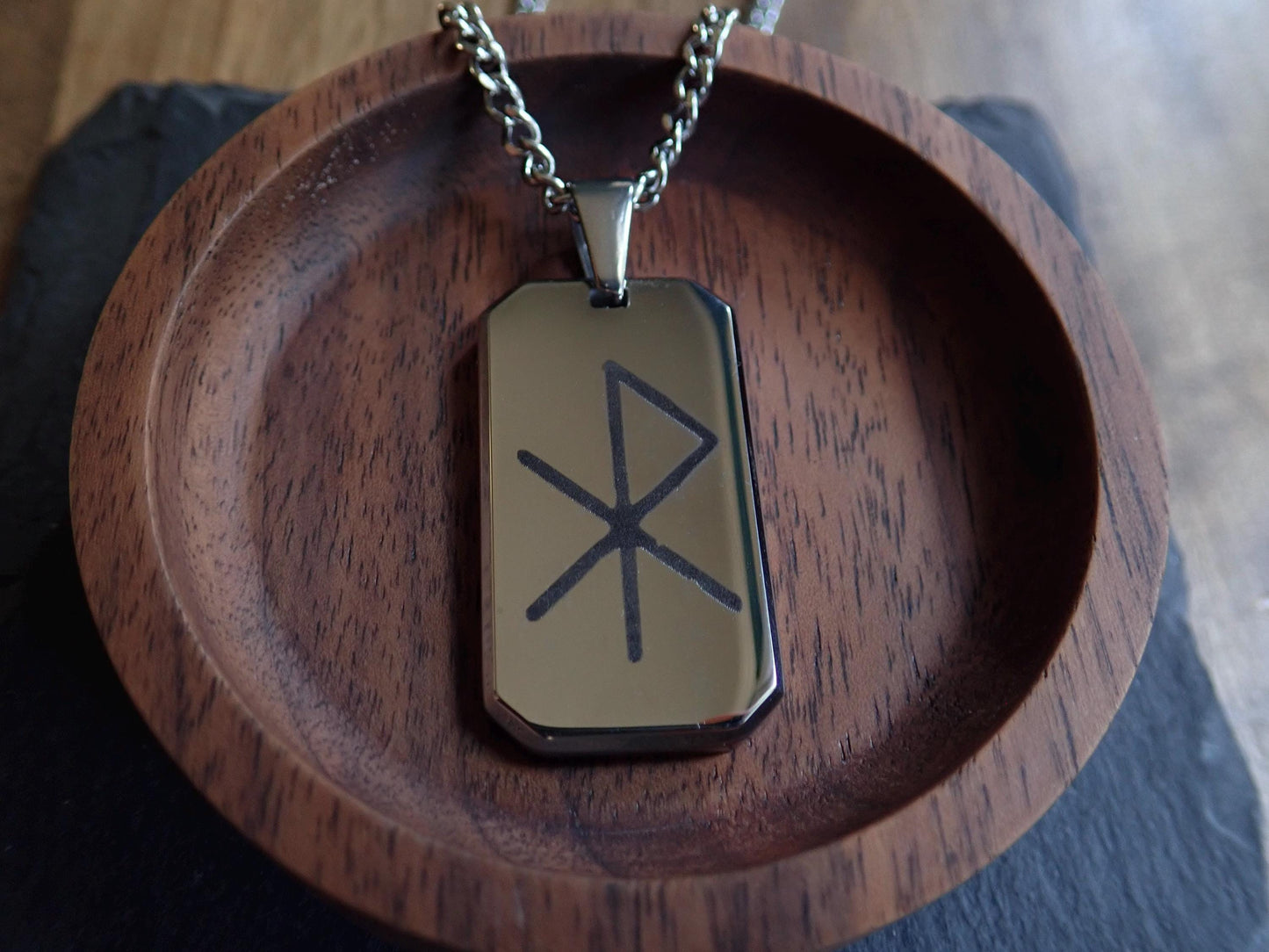 Men’s Stainless Steel Dog Tag Necklace – Gebo Wunjo Love Rune Engraved Pendant with Cuban Chain – Viking Gift of Love Jewelry