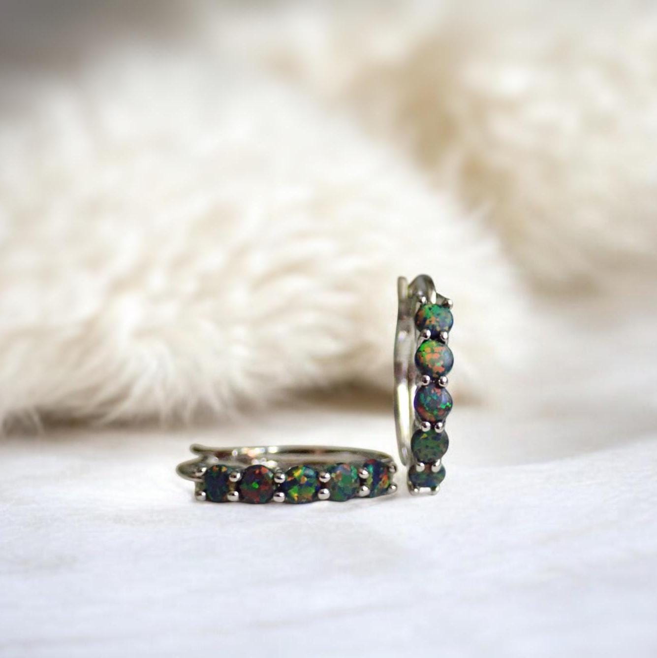 Black Opal Hoop Earrings • Silver Plated Medium Hoops with Prong Set Opals • Dainty Statement Earrings • October Birthstone Gift
