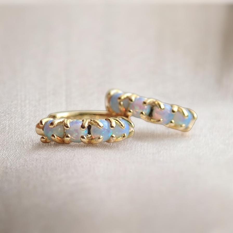 Blue Opal Huggie Hoop Earrings, Small Dainty Gold Hoop Earrings, October Birthstone
