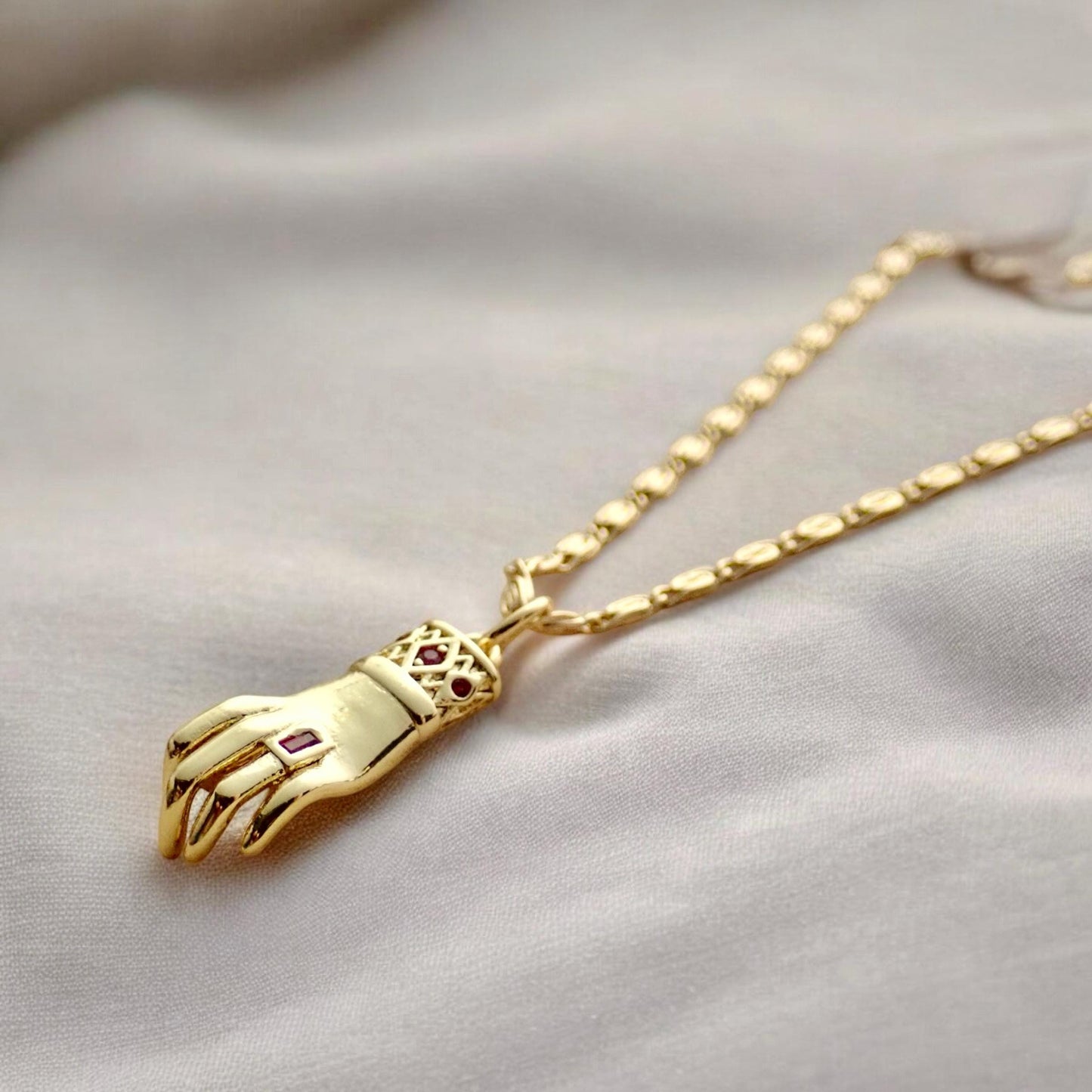 Victorian Hand Pendant Necklace • 14K Gold Filled Mano Figa Style with Garnet CZ Accents • Gothic Talisman Jewelry • Antique-Inspired Necklace