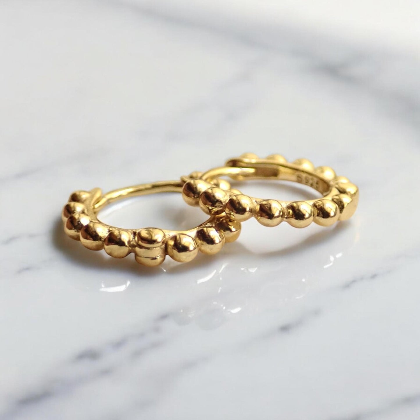 Beaded Gold Huggie Hoop Earrings – 18k Gold Over Sterling Silver, Tiny Everyday Hoops in 6mm–9mm Sizes