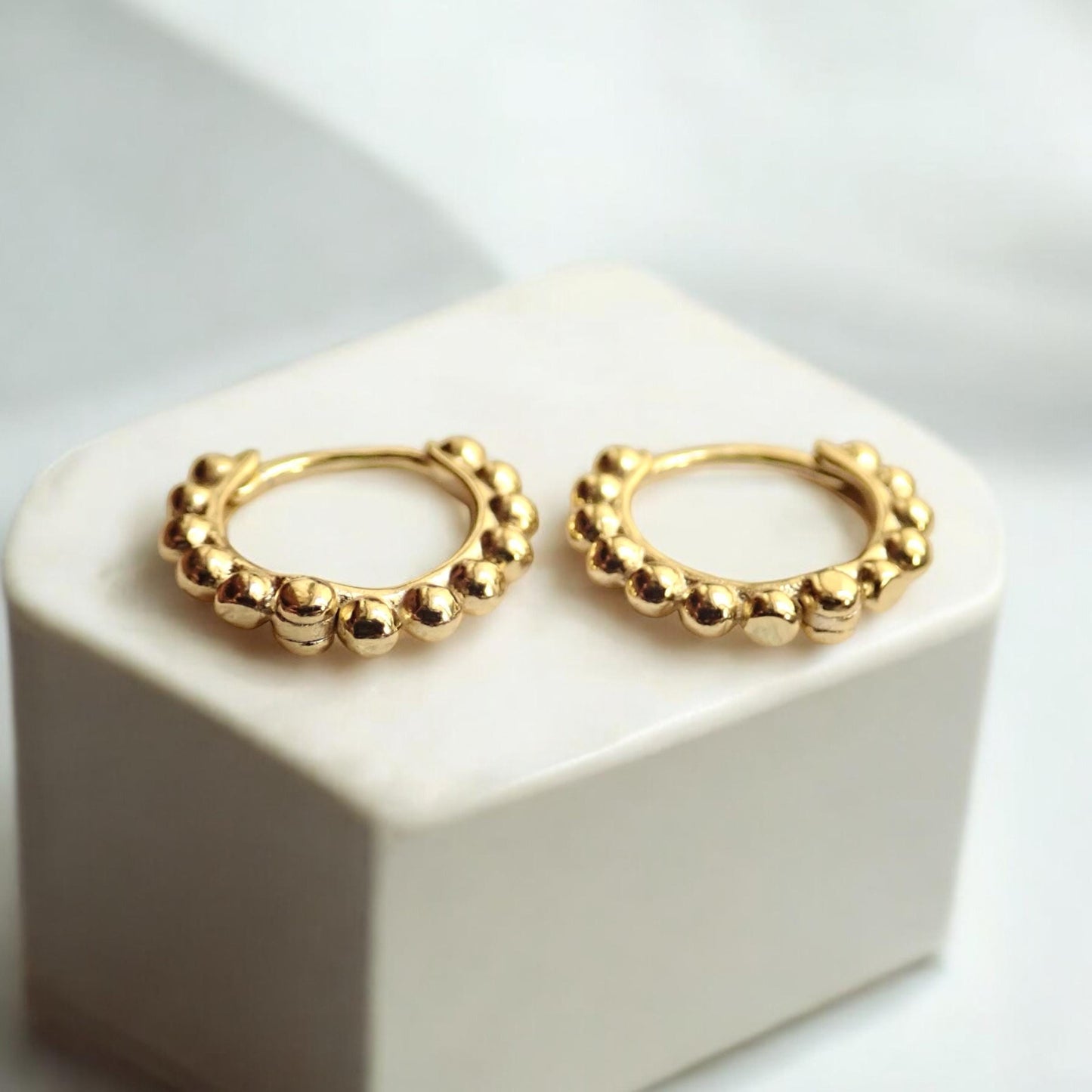 Beaded Gold Huggie Hoop Earrings – 18k Gold Over Sterling Silver, Tiny Everyday Hoops in 6mm–9mm Sizes