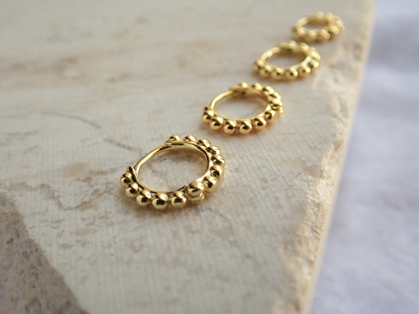 Beaded Gold Huggie Hoop Earrings – 18k Gold Over Sterling Silver, Tiny Everyday Hoops in 6mm–9mm Sizes