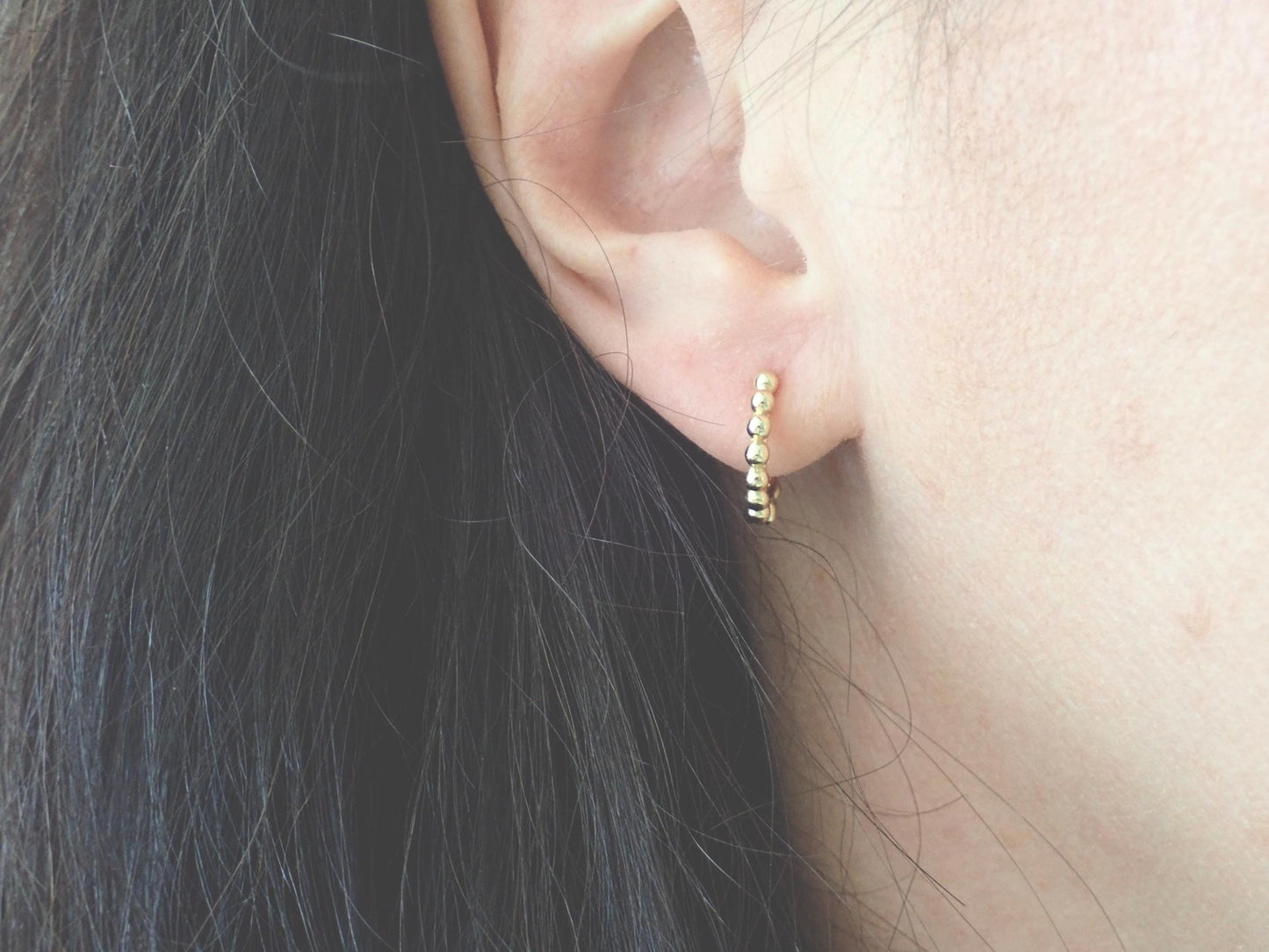 Beaded Gold Huggie Hoop Earrings – 18k Gold Over Sterling Silver, Tiny Everyday Hoops in 6mm–9mm Sizes