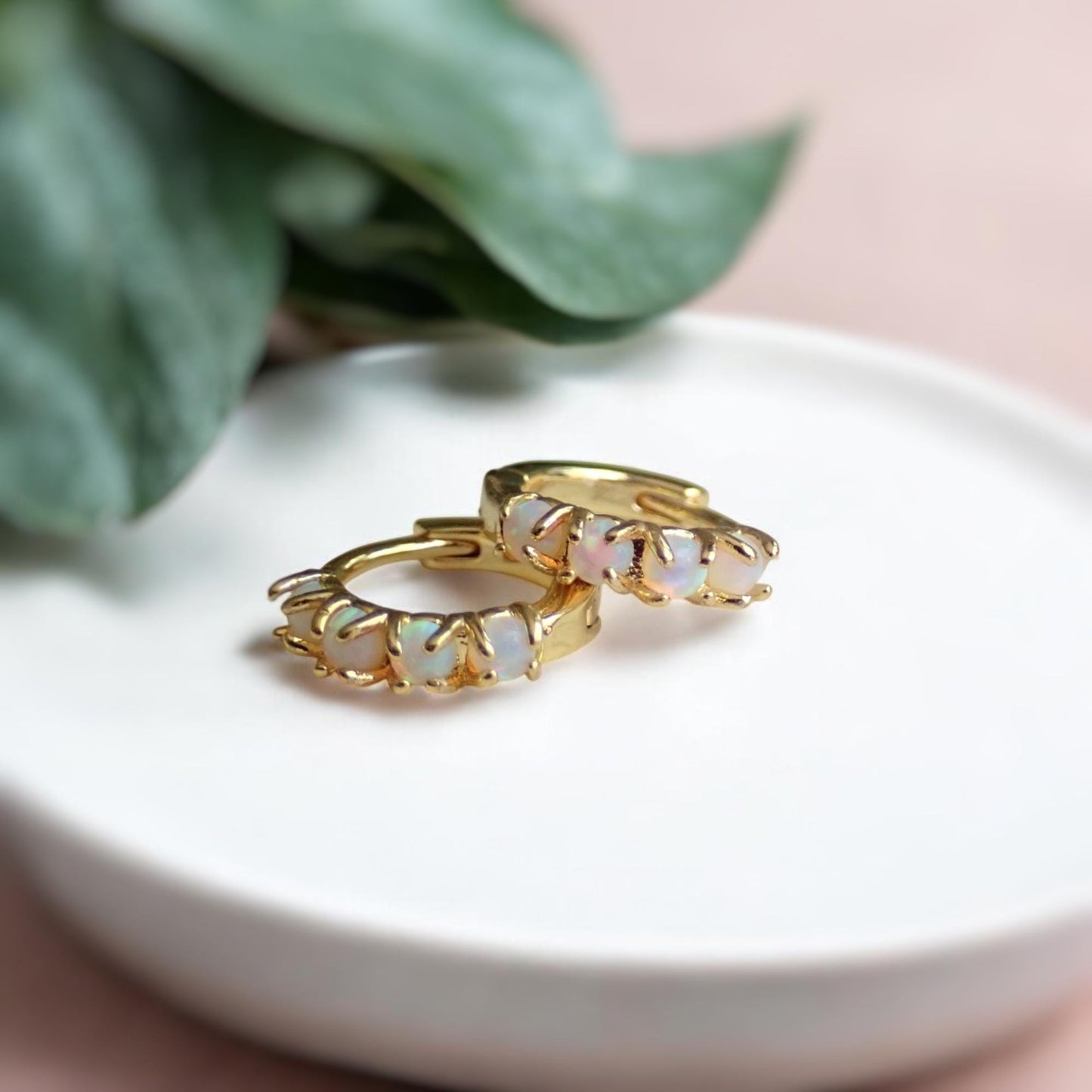Tiny Opal Huggie Hoops – Stacking Earrings with Prong-Set Opals in Gold Fill, Boho October Birthstone Jewelry