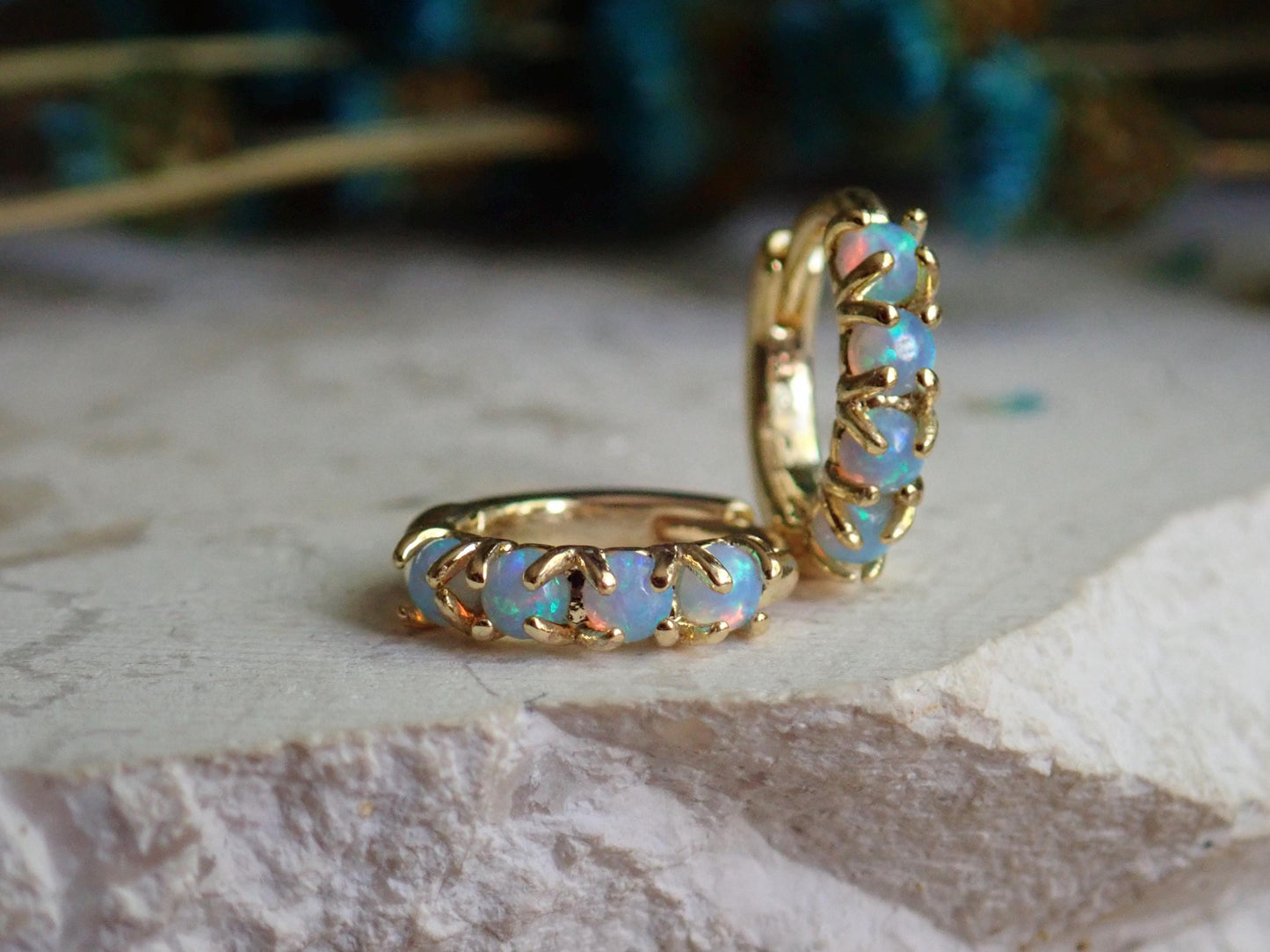 Blue Opal Huggie Hoop Earrings, Small Dainty Gold Hoop Earrings, October Birthstone
