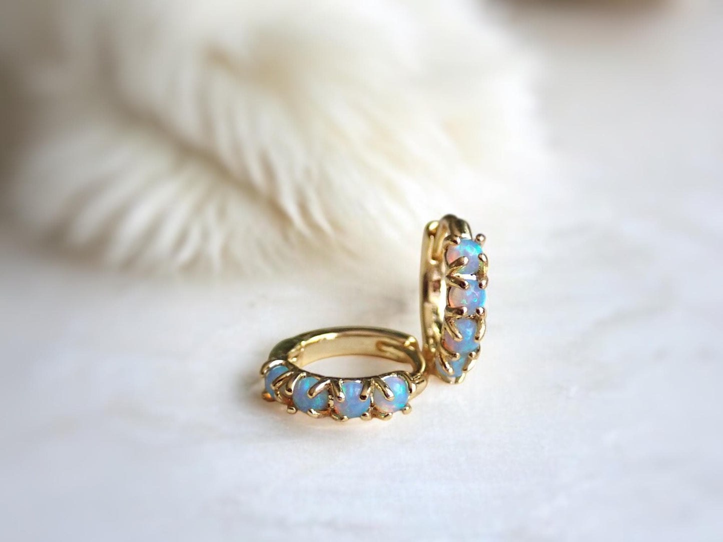 Blue Opal Huggie Hoop Earrings, Small Dainty Gold Hoop Earrings, October Birthstone