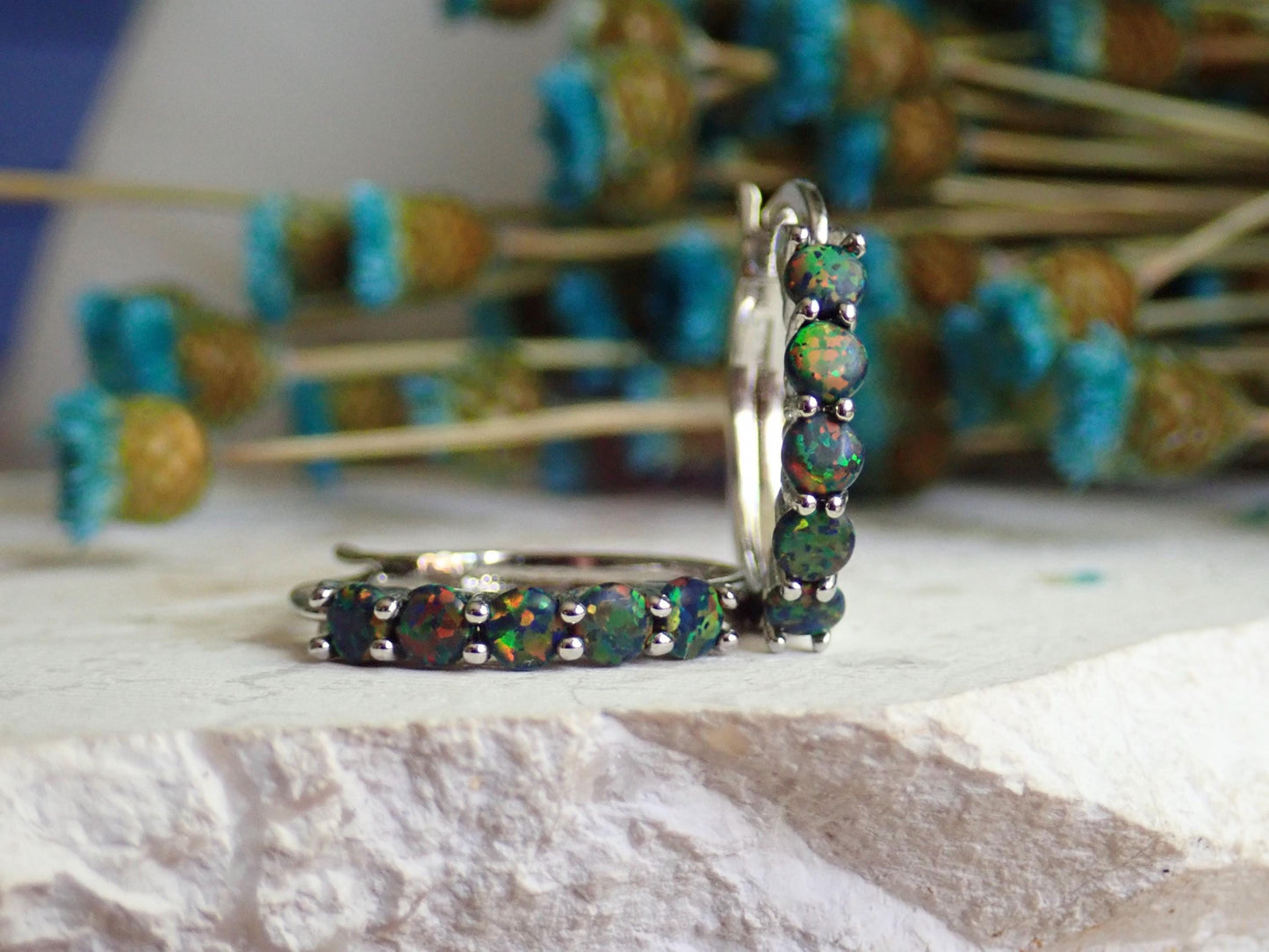 Black Opal Hoop Earrings • Silver Plated Medium Hoops with Prong Set Opals • Dainty Statement Earrings • October Birthstone Gift